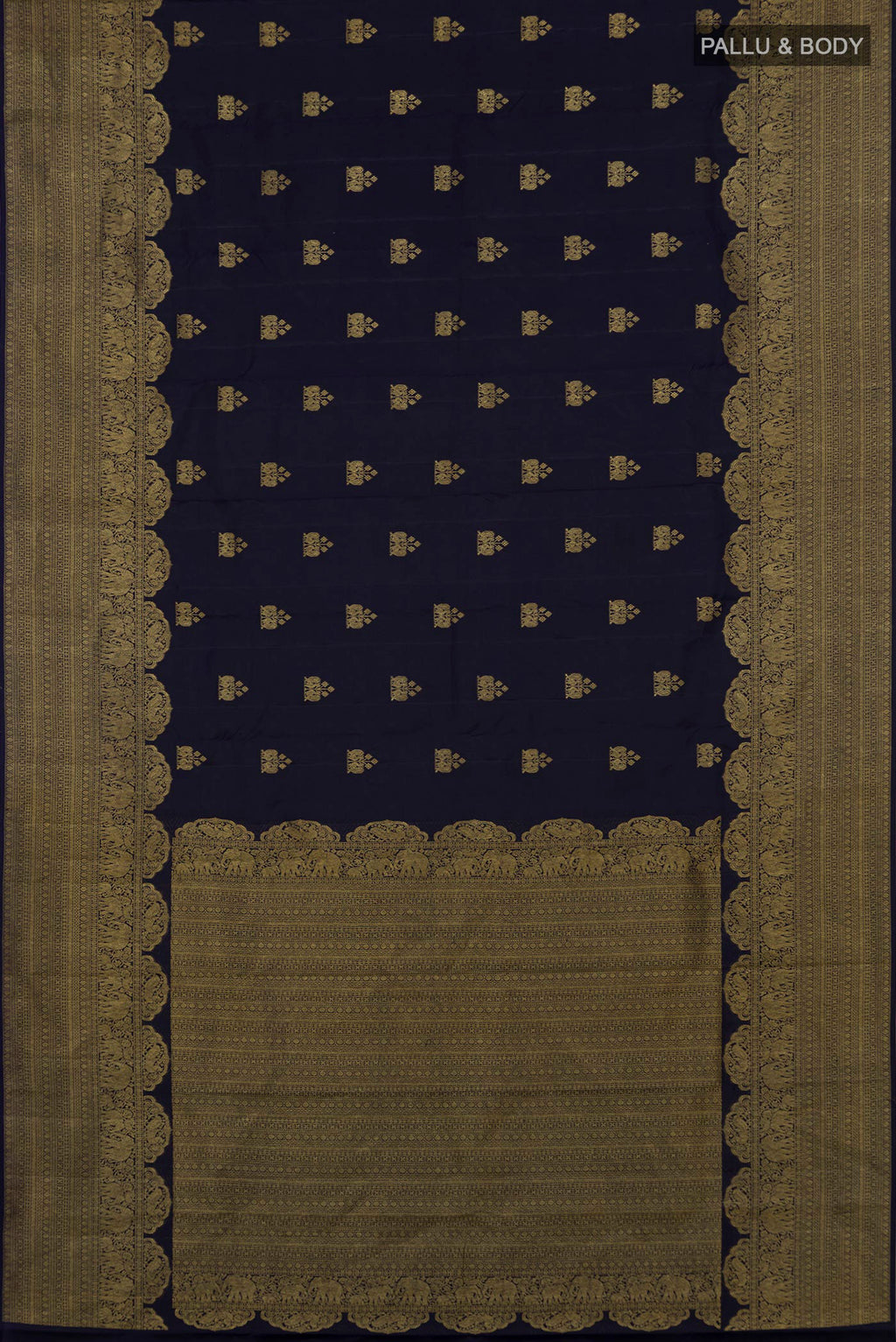 Flat view of Navy Blue Kanchipuram Silk Saree with Zari Butta on the body and Fancy Border. 