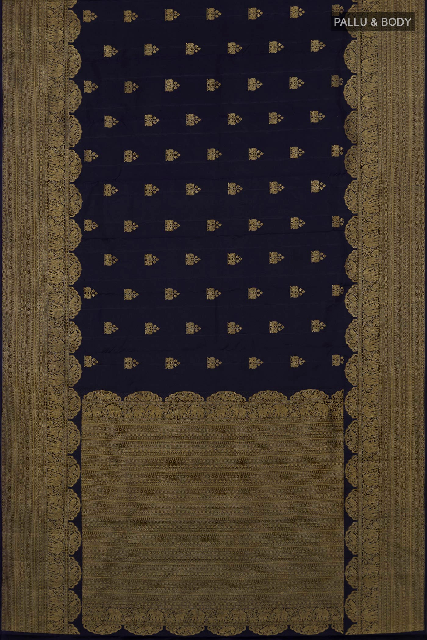 Flat view of Navy Blue Kanchipuram Silk Saree with Zari Butta on the body and Fancy Border. 