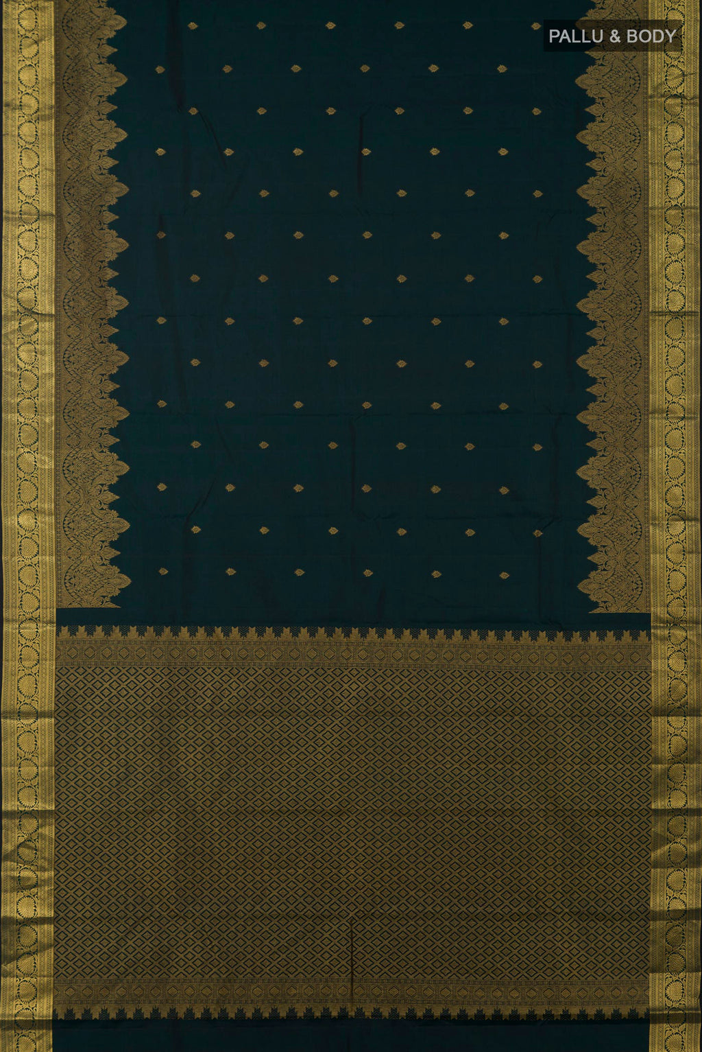 Flat view of Bottle Green Kanchipuram Silk Saree with Zari Butta on the body and Zari Border. 