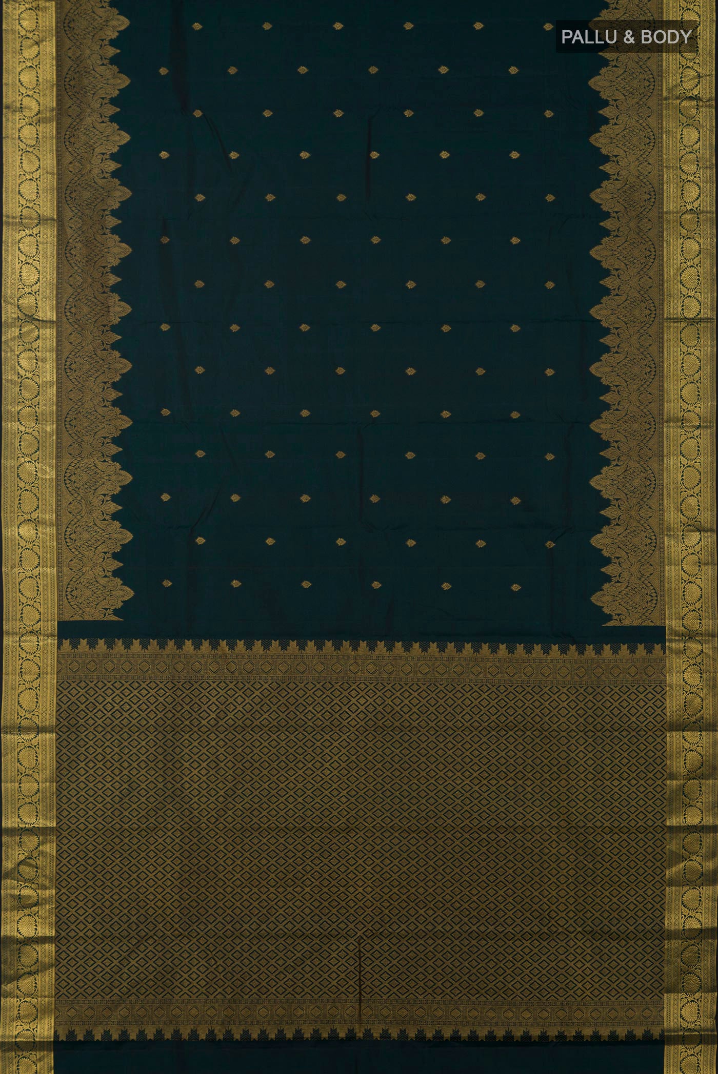 Flat view of Bottle Green Kanchipuram Silk Saree with Zari Butta on the body and Zari Border. 