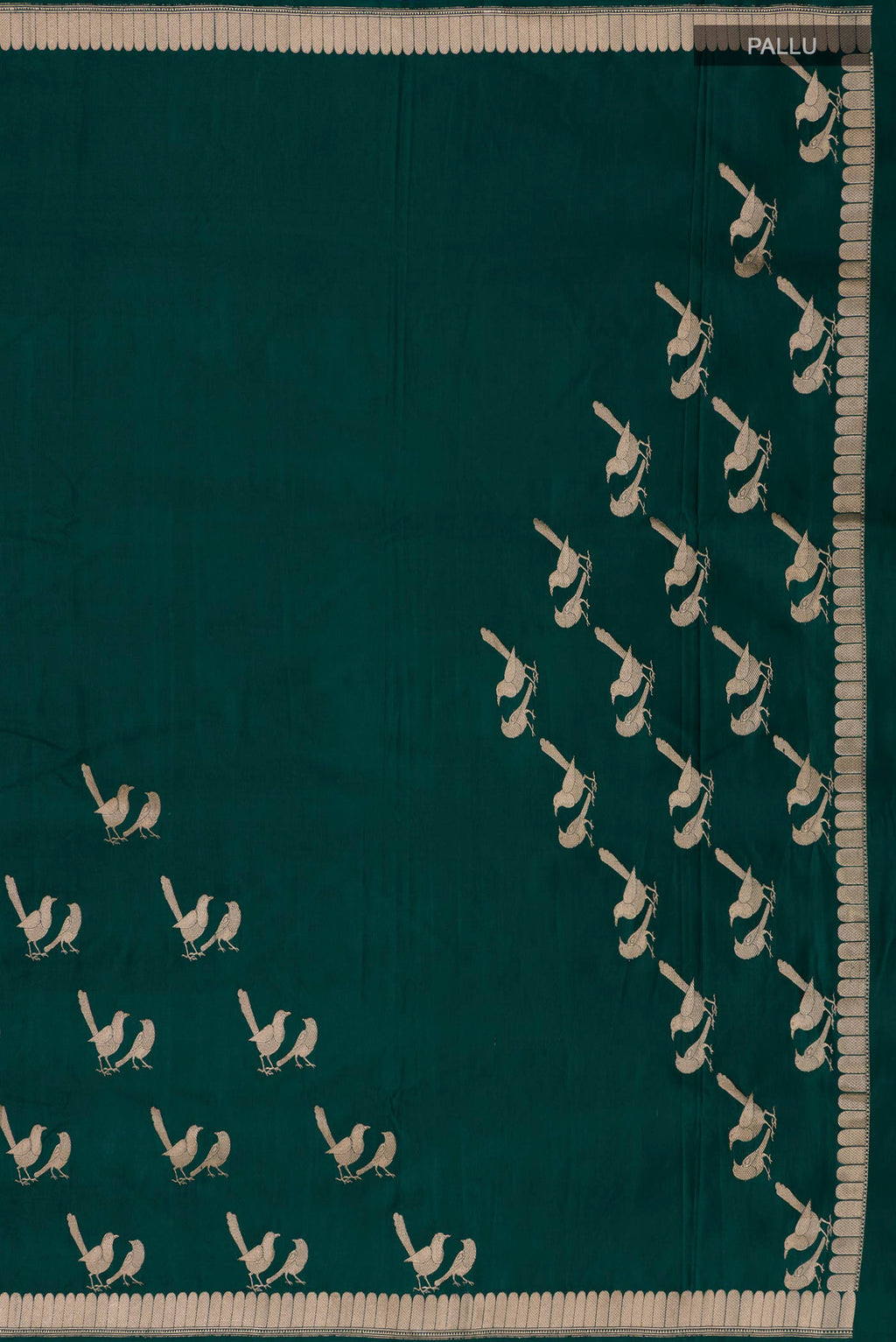Close up image of the pallu of Bottle Green Banarasi Silk Saree with Plain Body and Fancy Border. 
