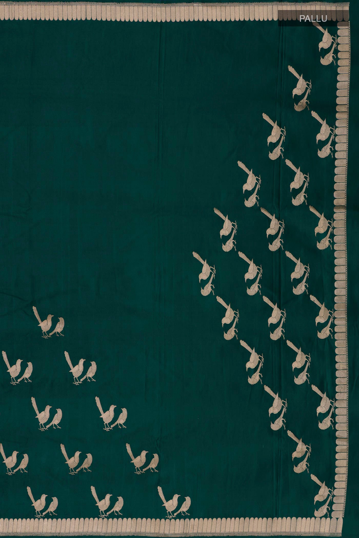Close up image of the pallu of Bottle Green Banarasi Silk Saree with Plain Body and Fancy Border. 