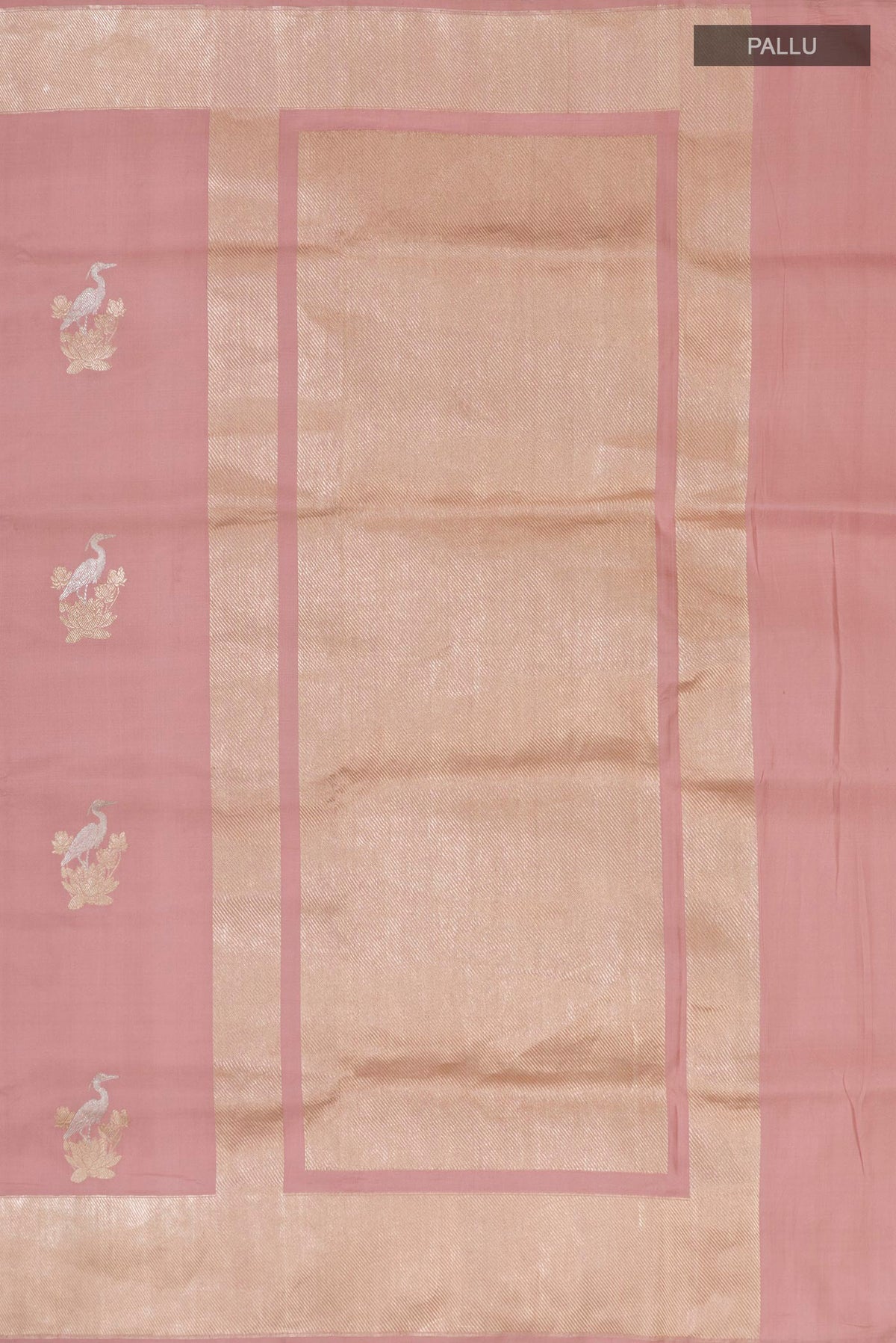 Close up image of the pallu of Pure Silk Peach Banarasi Saree with Zari Butta on the body and Fancy Border. 