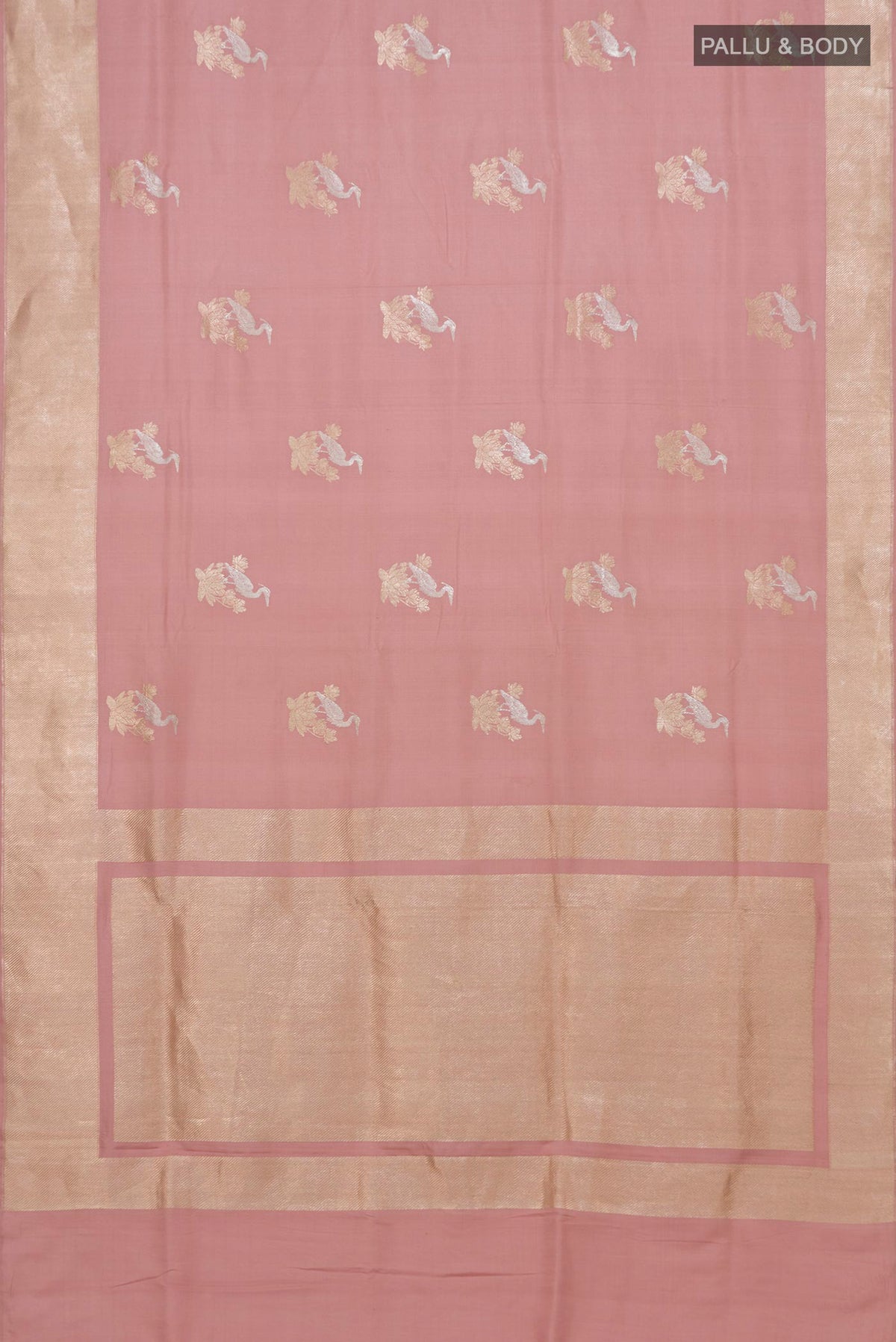 Flat view of Pure Silk Peach Banarasi Saree with Zari Butta on the body and Fancy Border. 
