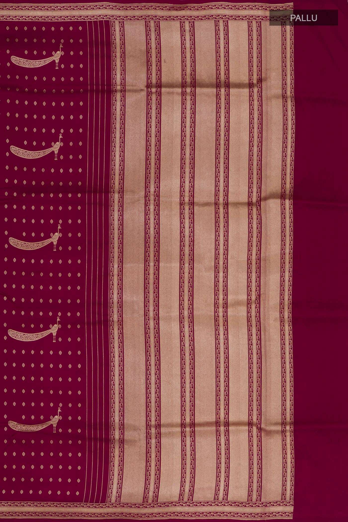 Close up image of the pallu of Maroon Banarasi Silk Saree with Zari Butta on the body and Fancy Border. 
