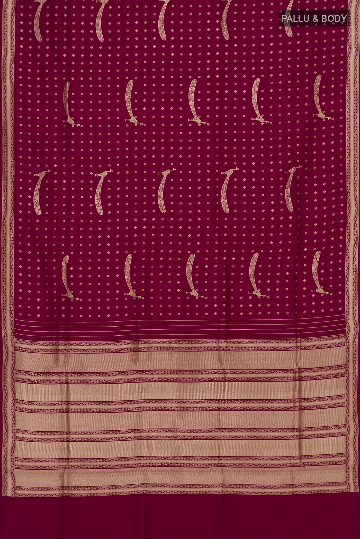 Flat view of Maroon Banarasi Silk Saree with Zari Butta on the body and Fancy Border. 