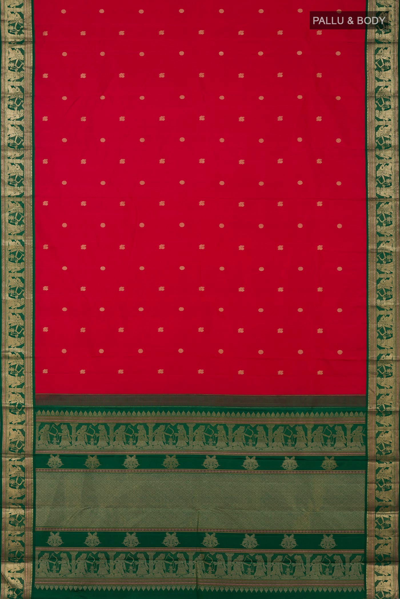 Flat view of Red Kanjivaram Silk Saree with Zari Butta on the body and Zari Border. 