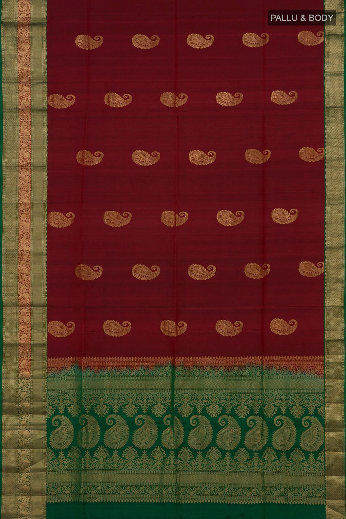 Flat view of Maroon Soft Silk Saree with Zari Butta on the body and Zari Border. 