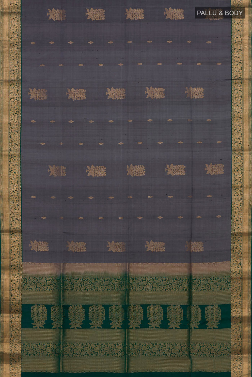 Flat view of Pure Silk Grey Soft Saree with Zari Butta on the body and Zari Border. 