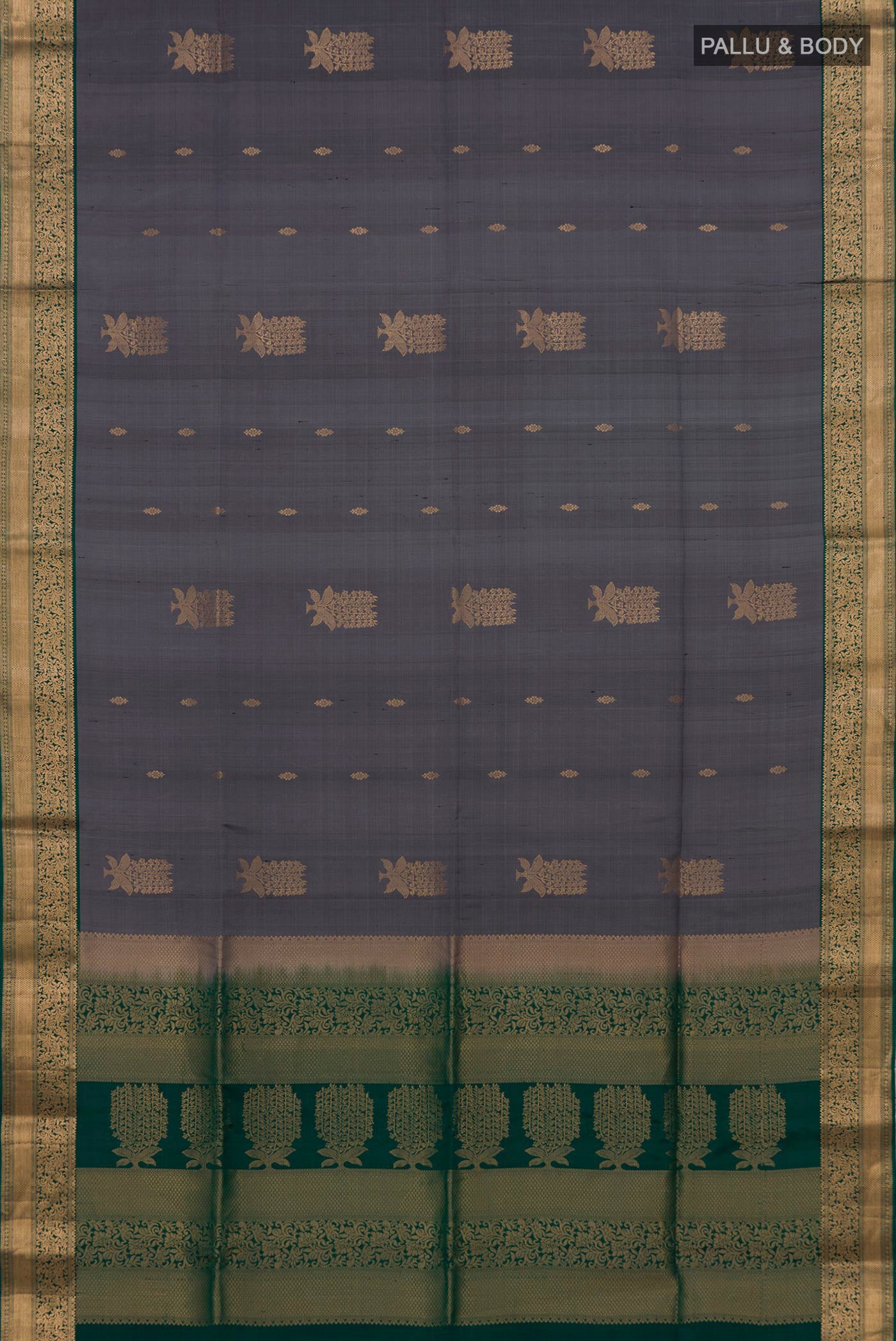 Flat view of Pure Silk Grey Soft Saree with Zari Butta on the body and Zari Border. 