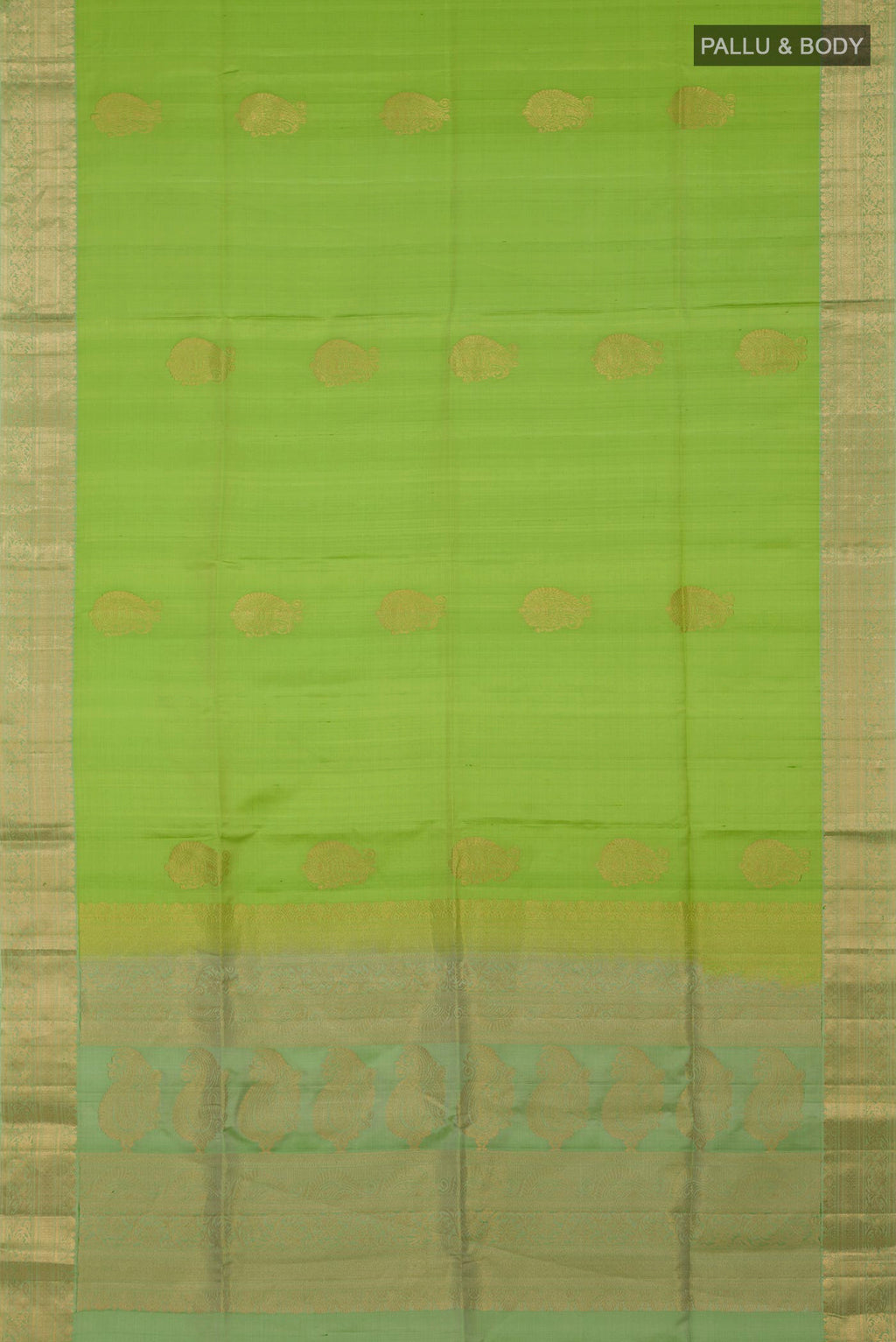 Flat view of Light Green Soft Silk Saree with Zari Butta on the body and Zari Border. 