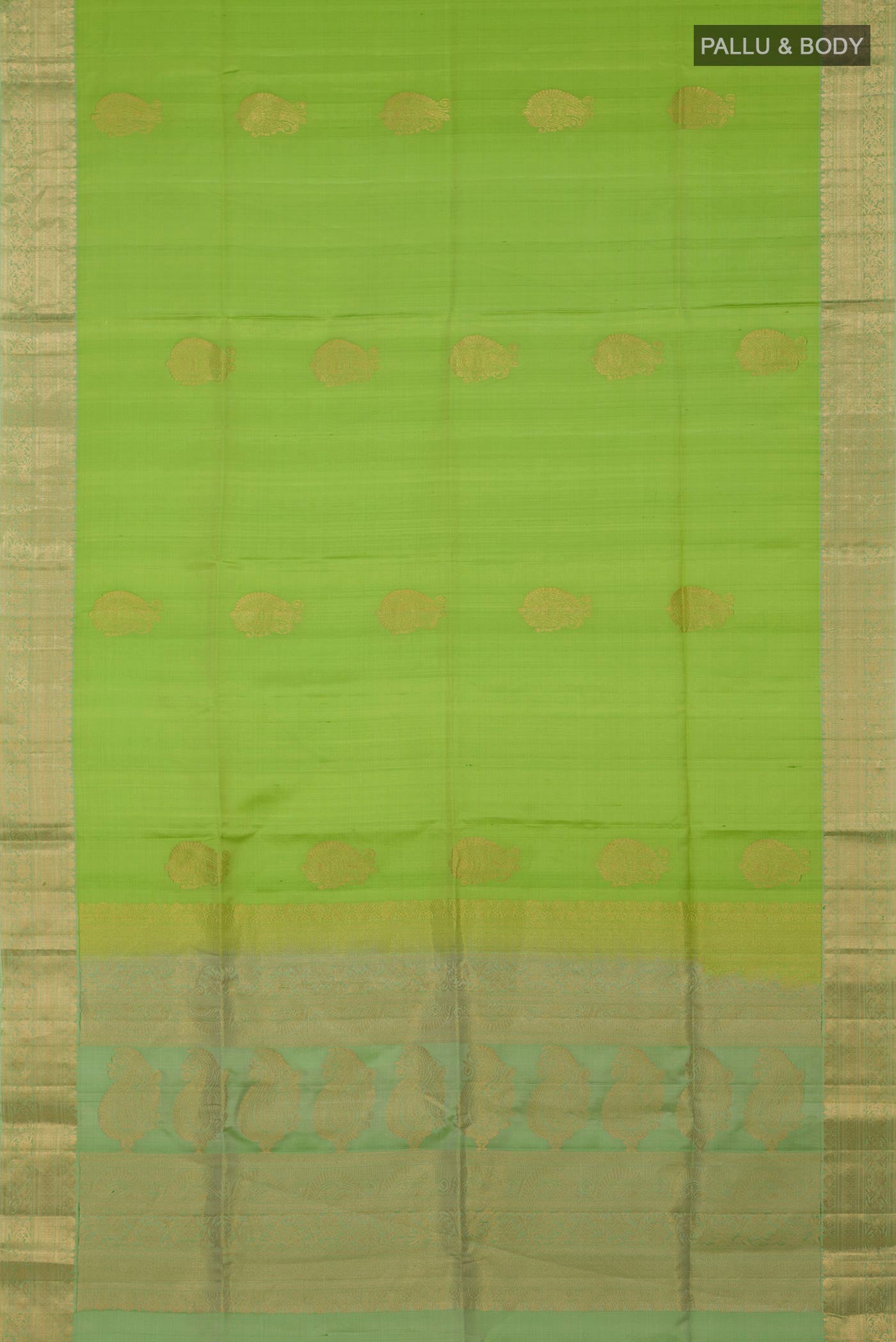 Flat view of Light Green Soft Silk Saree with Zari Butta on the body and Zari Border. 