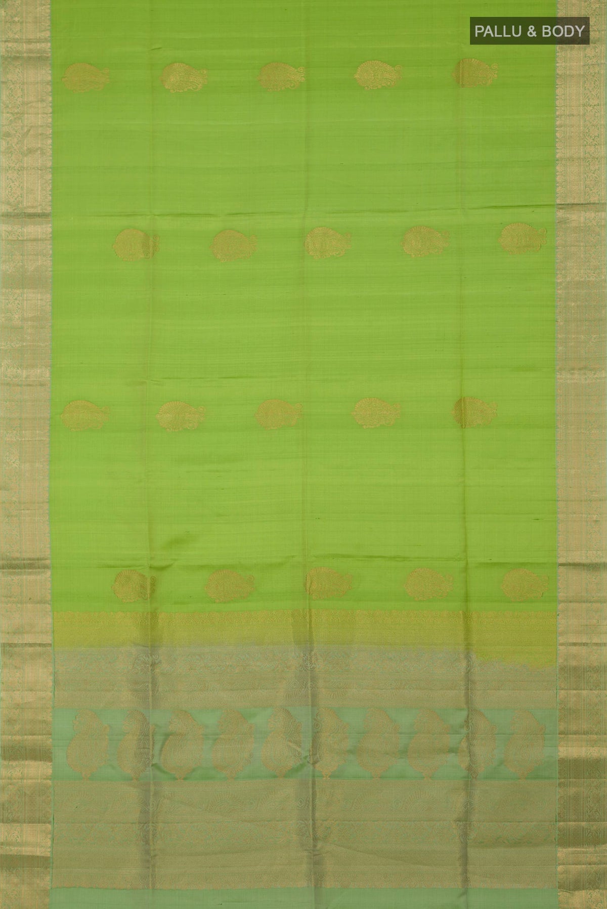 Flat view of Light Green Soft Silk Saree with Zari Butta on the body and Zari Border. 