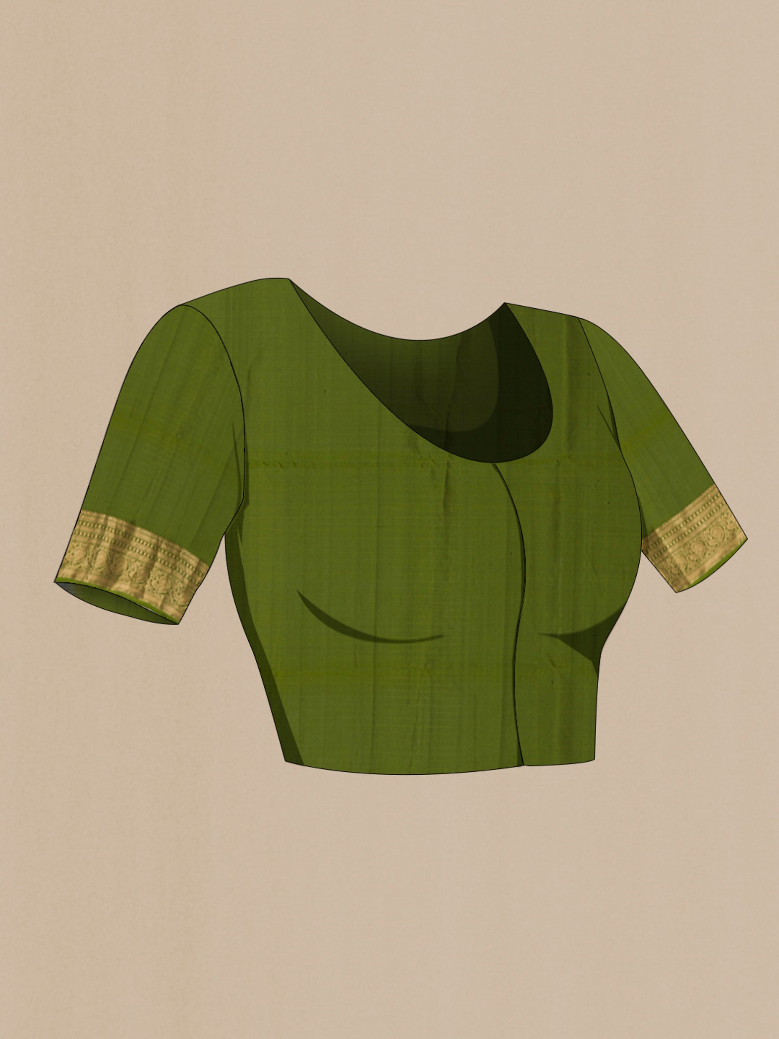 Close up image of the blouse of Grey Soft Silk Saree with Stripes on the body and Zari Border. 