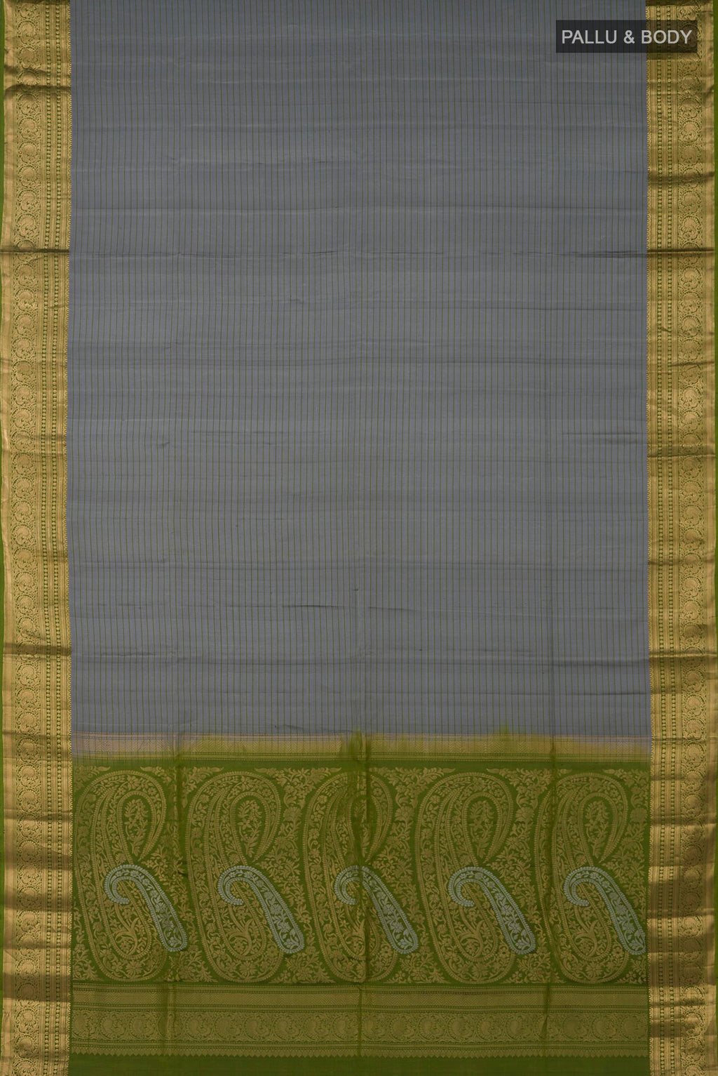 Flat view of Grey Soft Silk Saree with Stripes on the body and Zari Border. 