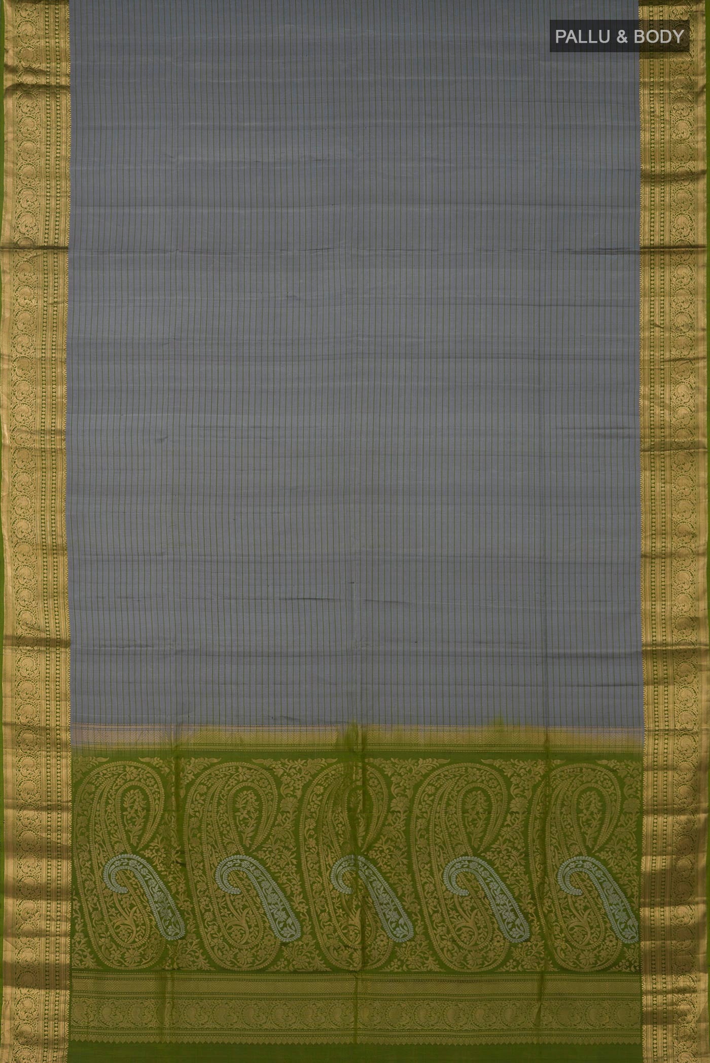Flat view of Grey Soft Silk Saree with Stripes on the body and Zari Border. 