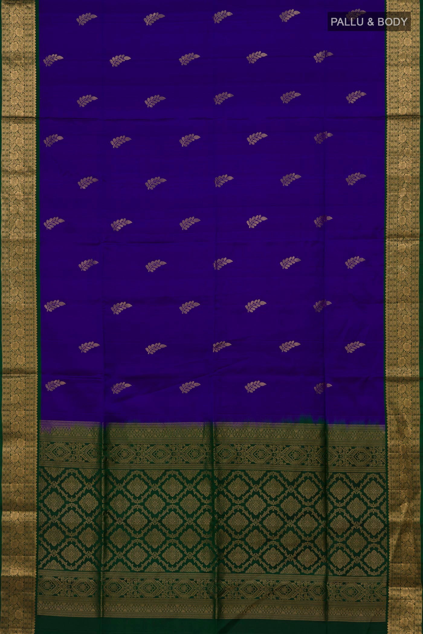 Flat view of Pure Silk Dark Blue Soft Saree with Zari Butta on the body and Zari Border. 