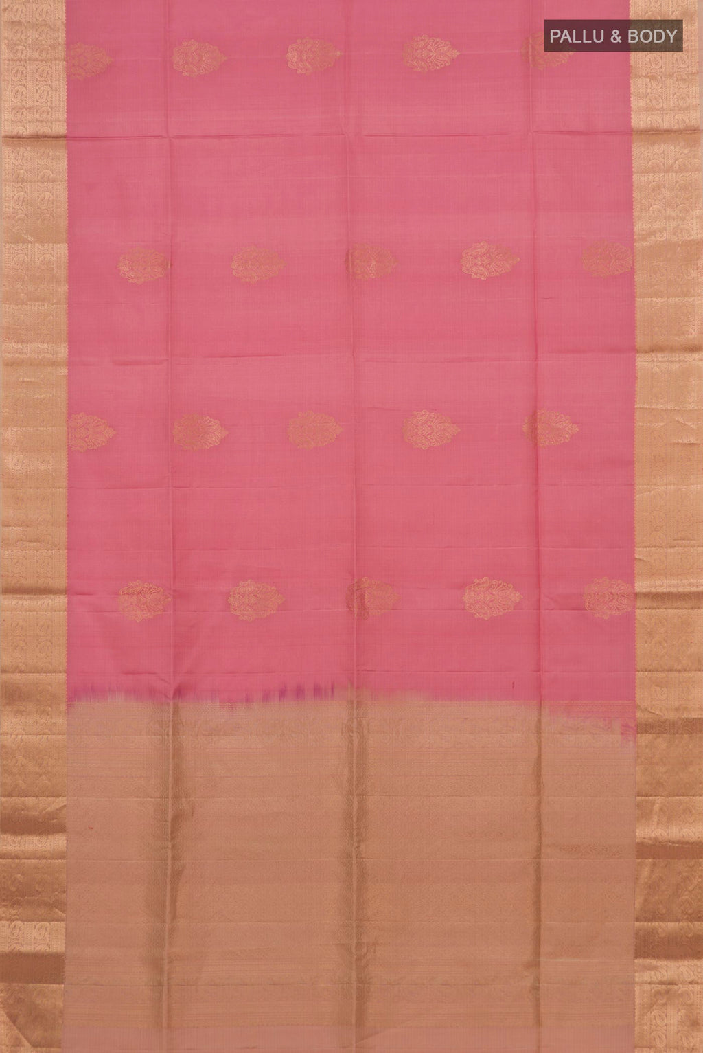 Flat view of Pure Silk Rose pink Soft Saree with Zari Butta on the body and Zari Border. 