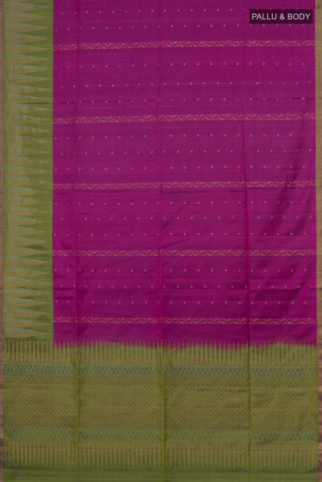 Flat view of Pure Silk Magenta Soft Saree with Zari Butta on the body and Fancy Border. 