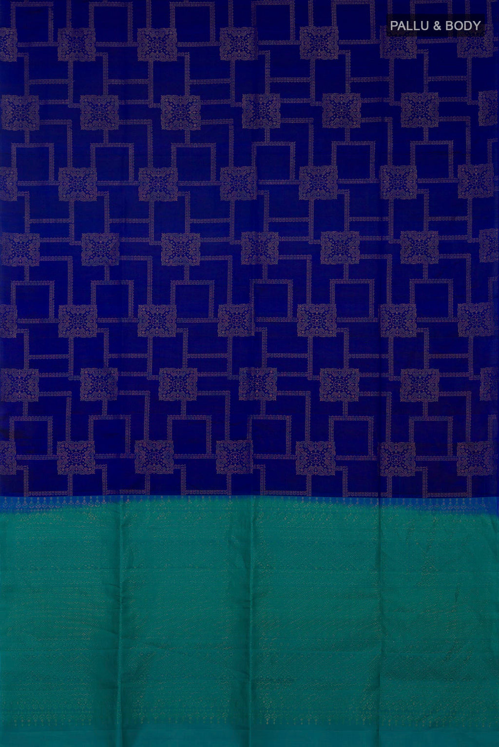 Flat view of Blue Soft Silk Saree with Zari Butta on the body and Without Border. 