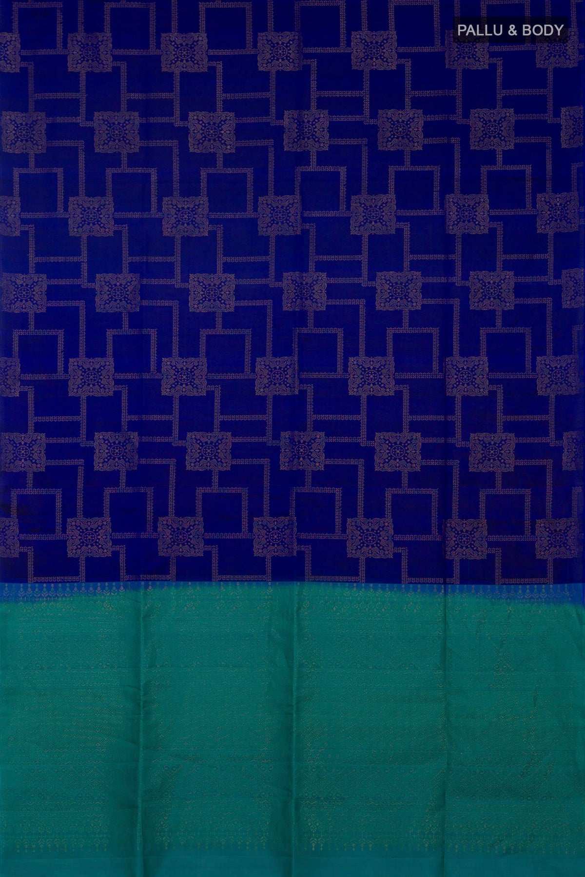 Flat view of Blue Soft Silk Saree with Zari Butta on the body and Without Border. 