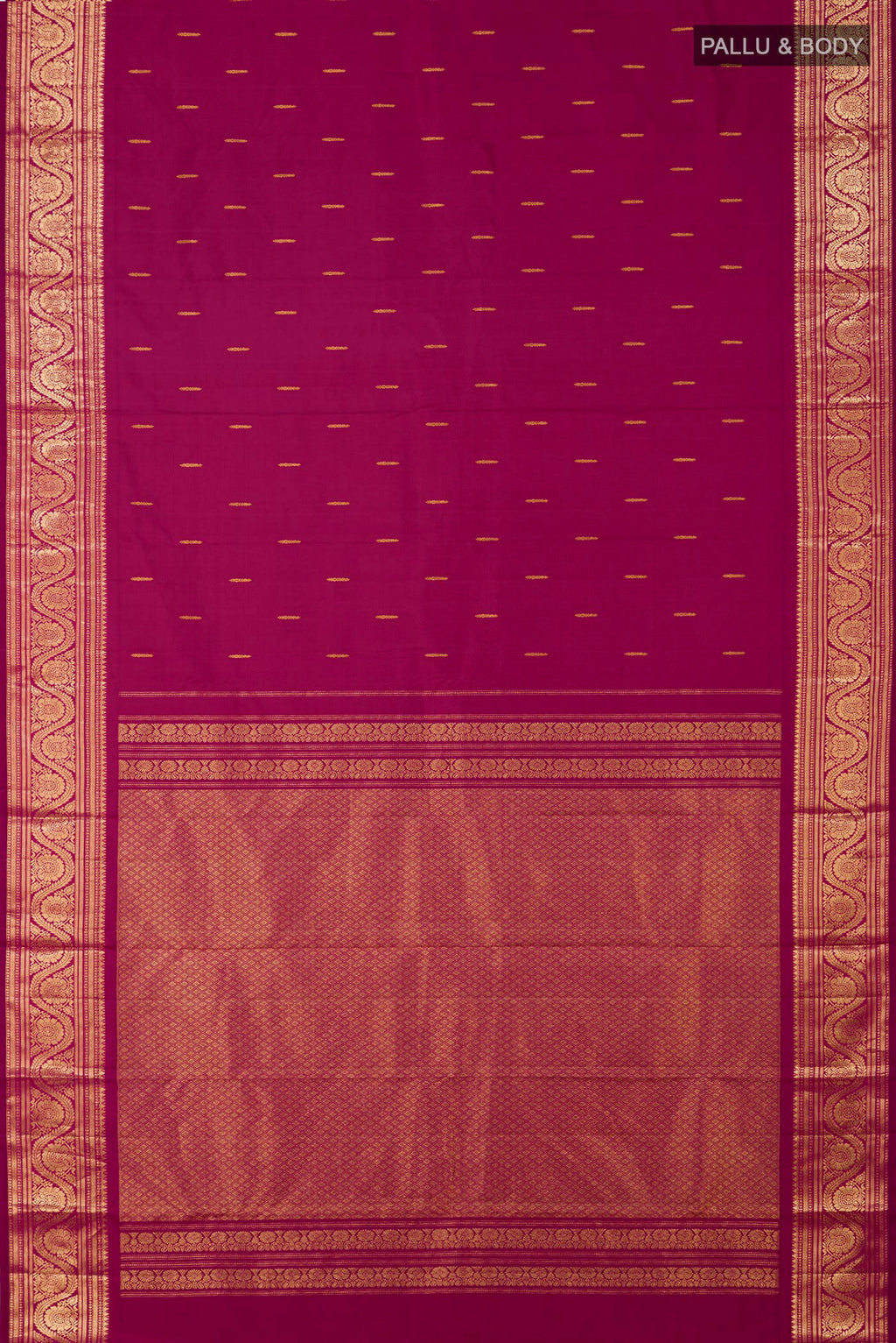Flat view of Magenta Kanchipuram Silk Saree with Zari Butta on the body and Zari Border. 
