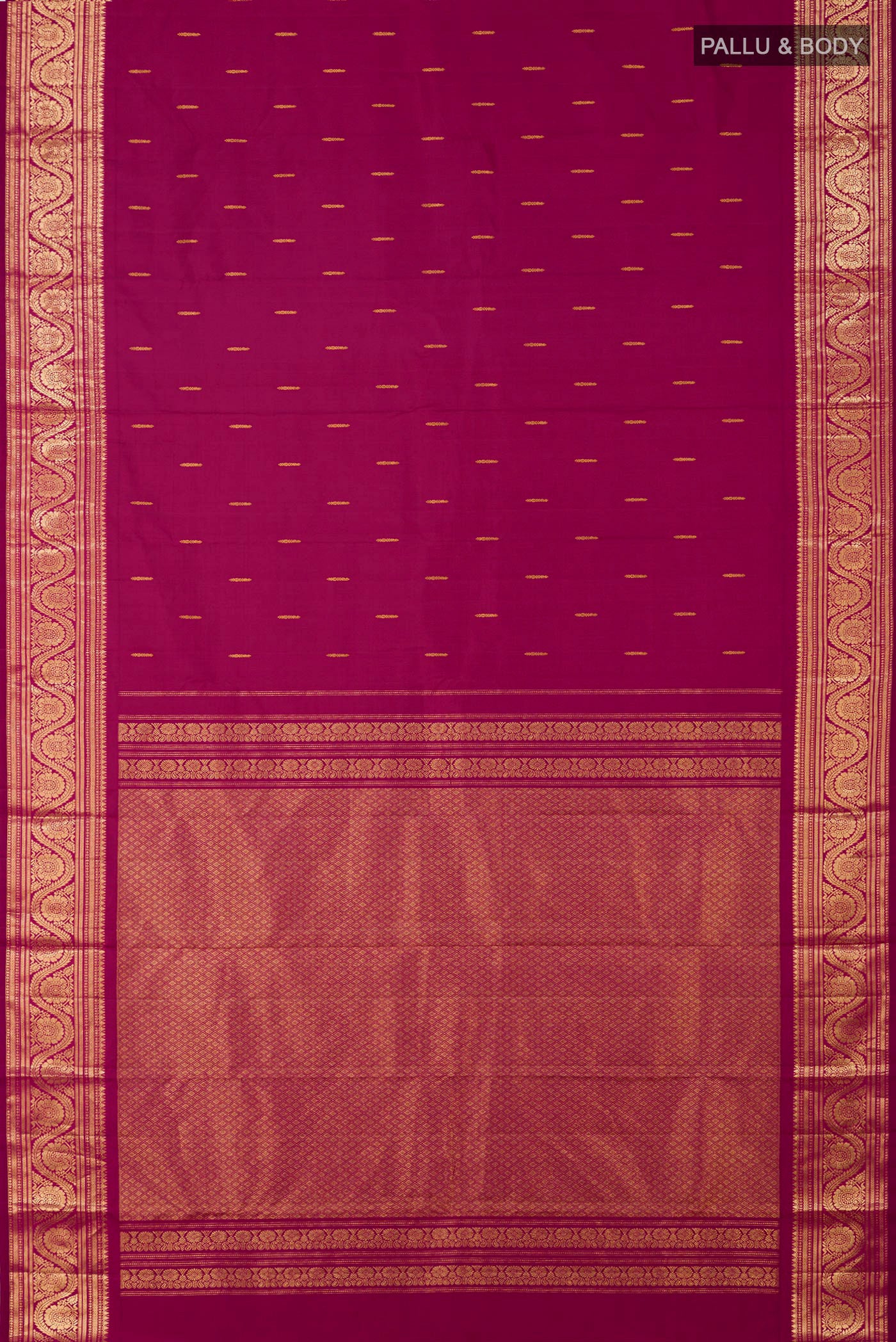 Flat view of Magenta Kanchipuram Silk Saree with Zari Butta on the body and Zari Border. 