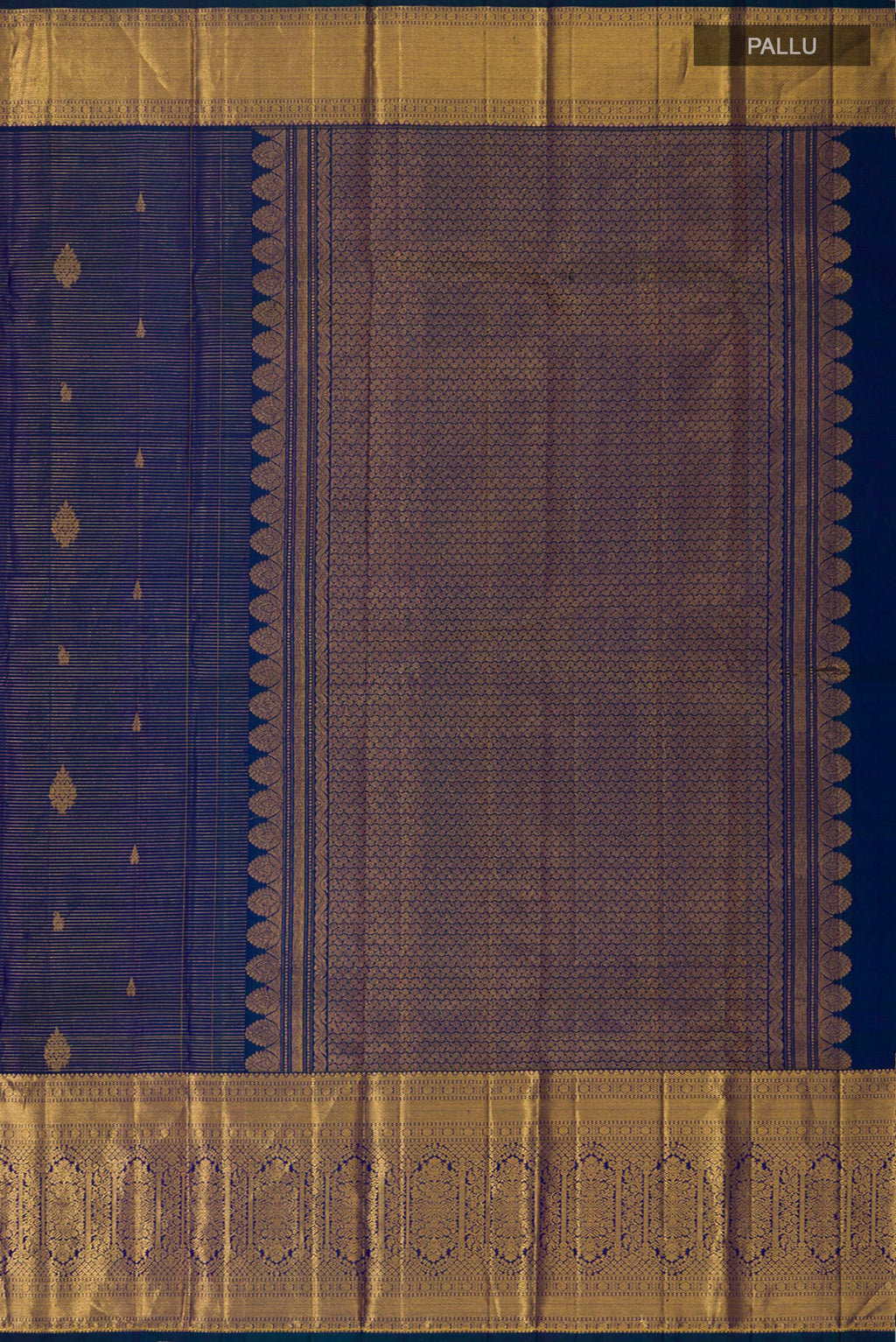 Close up image of the pallu of Blue Kanjivaram Silk Saree with Stripes on the body and Zari Border. 