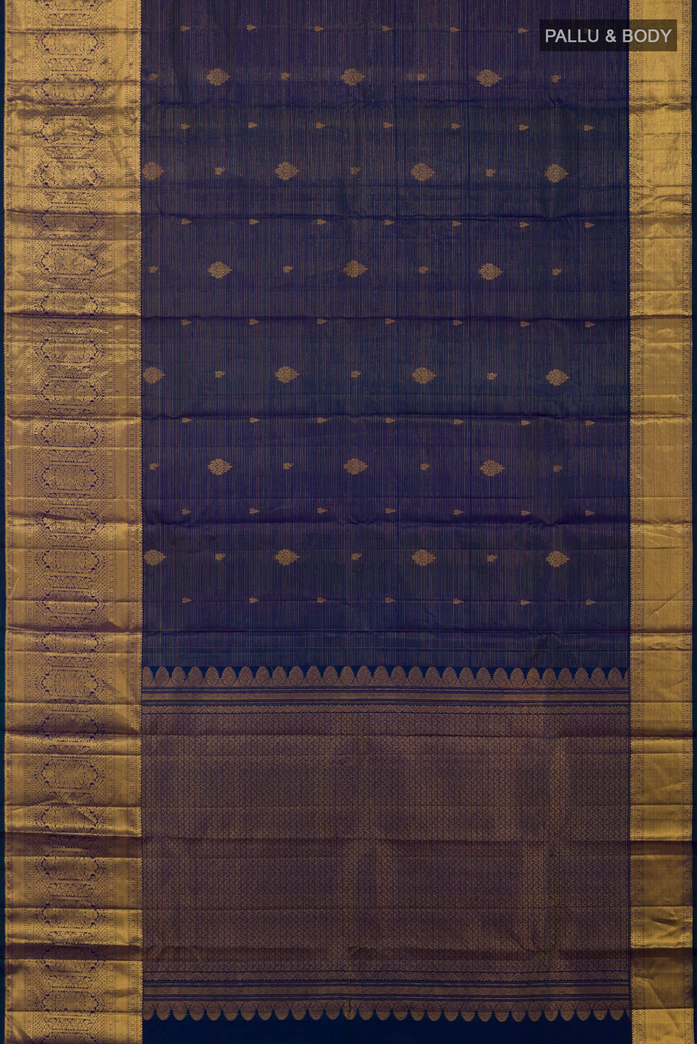 Flat view of Blue Kanjivaram Silk Saree with Stripes on the body and Zari Border. 