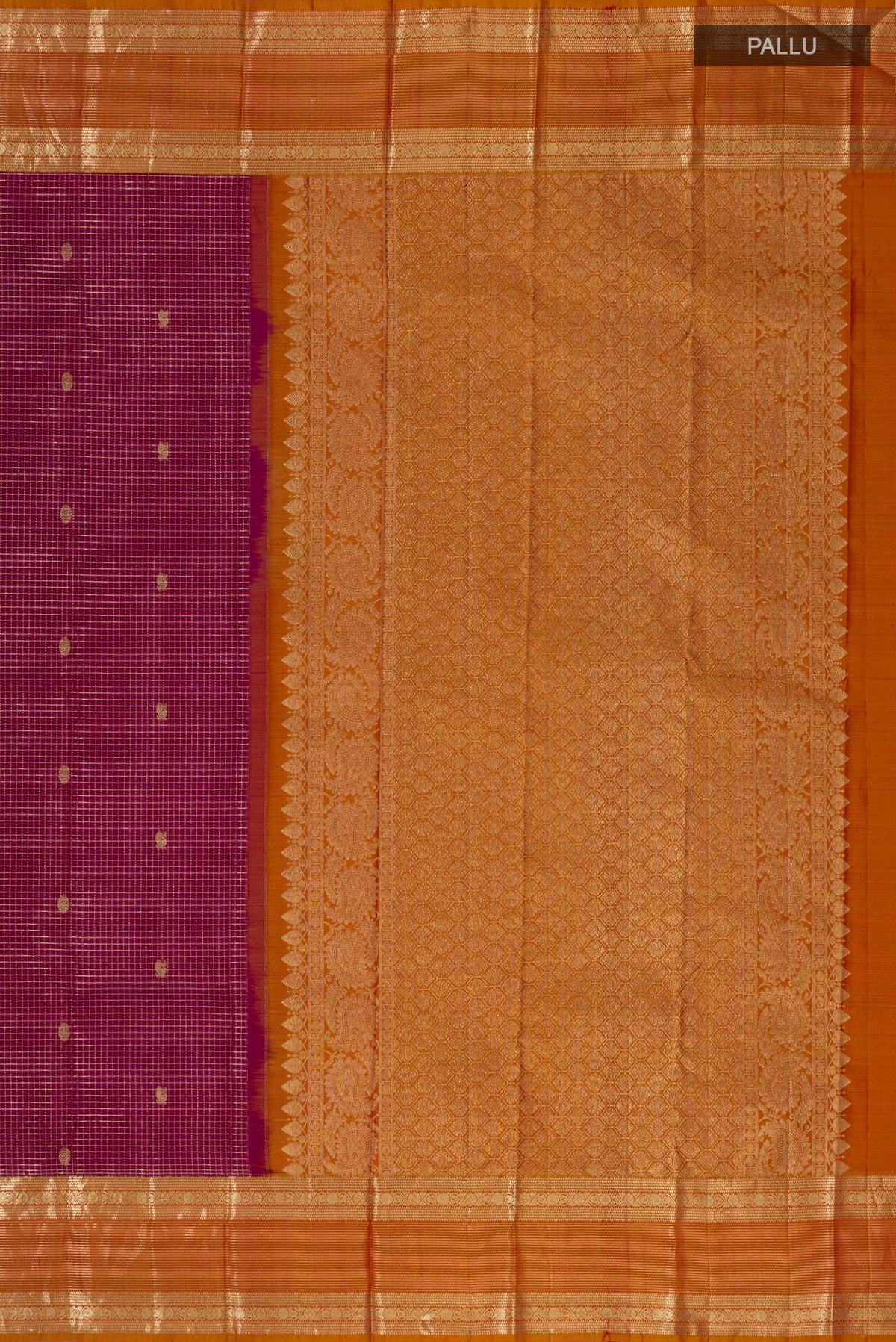Close up image of the pallu of Pure Silk Magenta Kanjivaram Saree with Checked design on the body and Zari Border. 