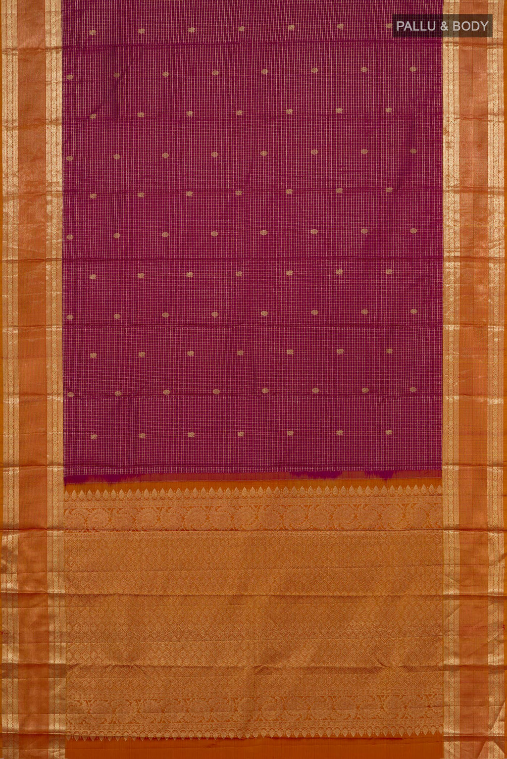Flat view of Pure Silk Magenta Kanjivaram Saree with Checked design on the body and Zari Border. 