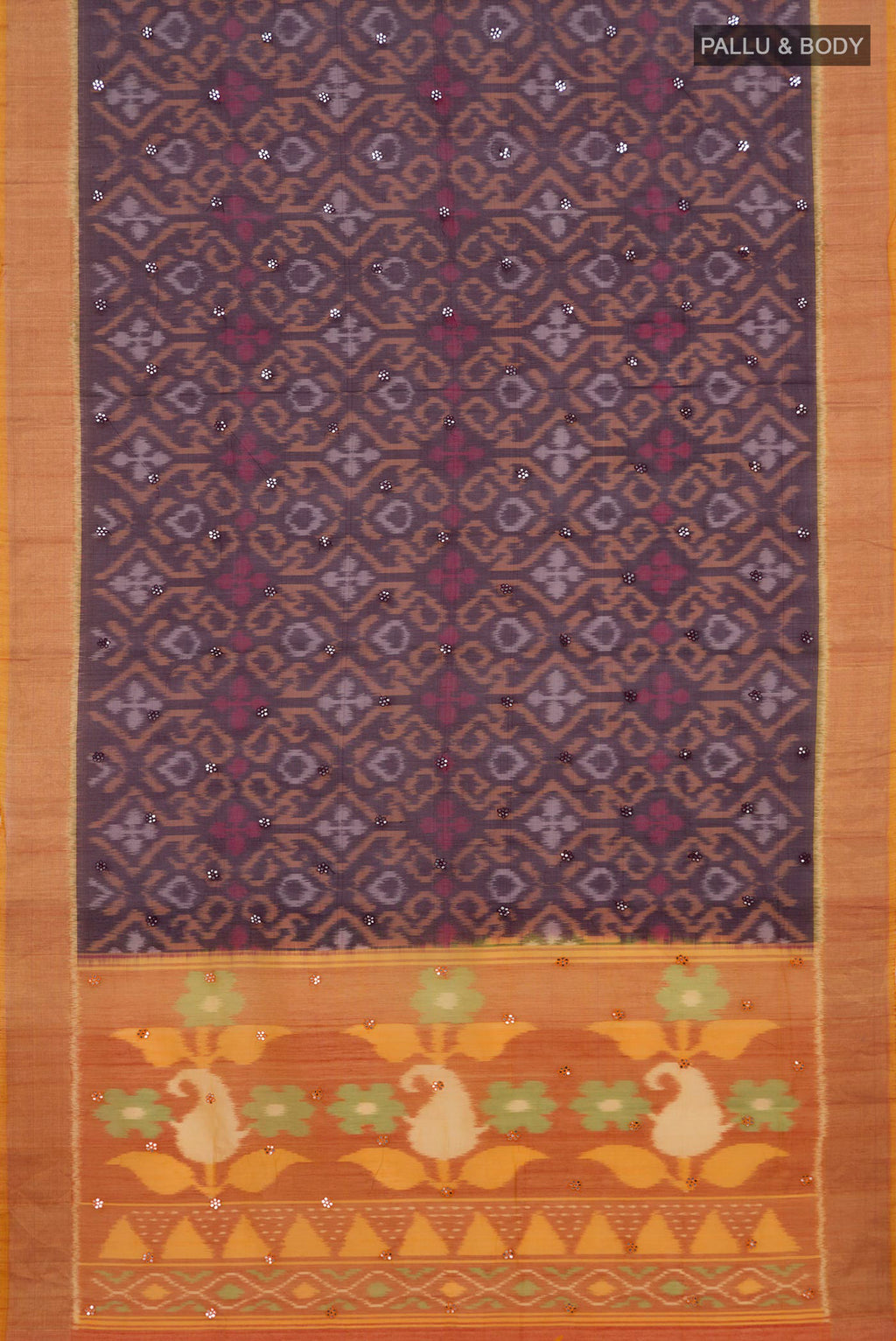 Flat view of Coffee Brown Silk Cotton Saree with Ikat design on the body and Zari Border. 