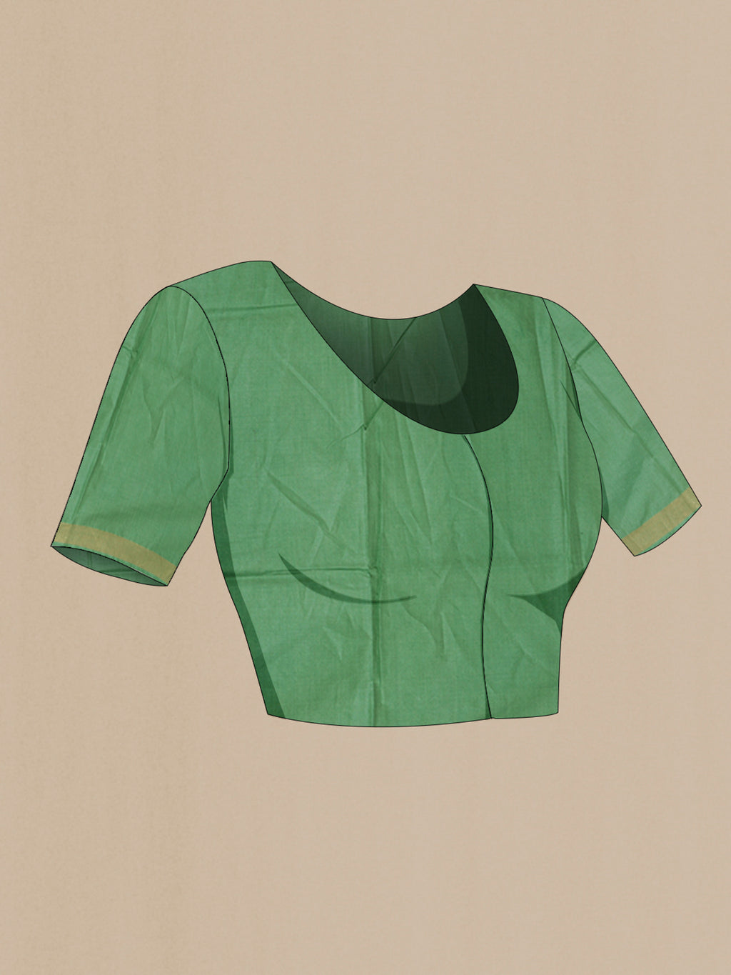 Close up image of the blouse of Pista Green Tussar Silk Saree with Plain Body and Zari Border. 