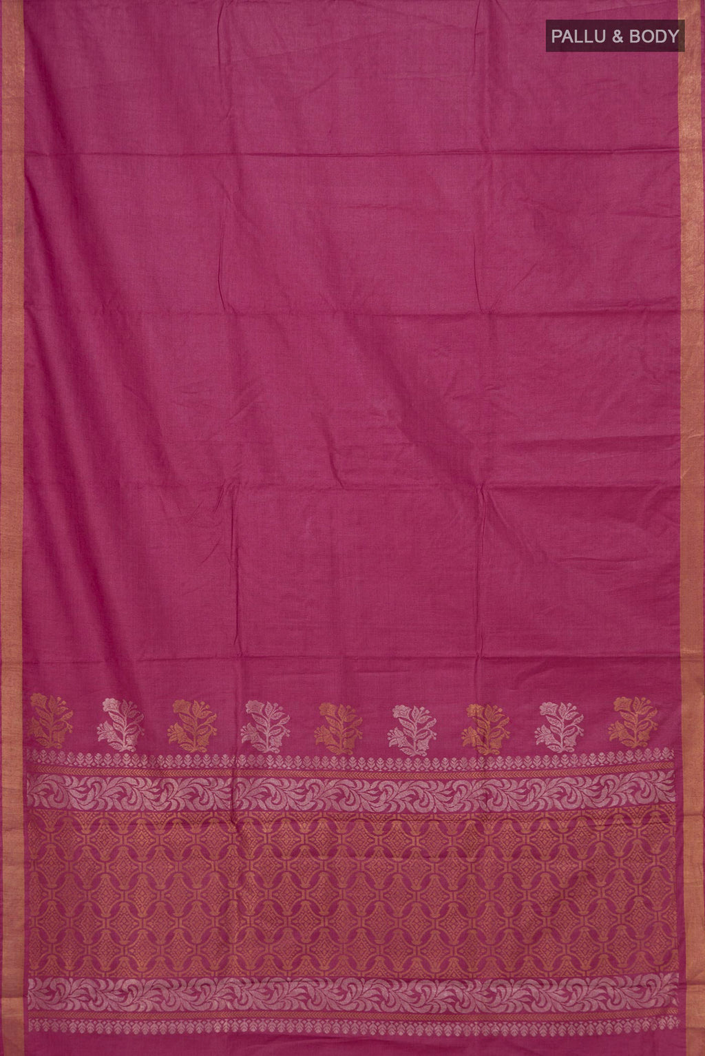 Flat view of Pink Tussar Saree with Plain Body and Zari Border. 