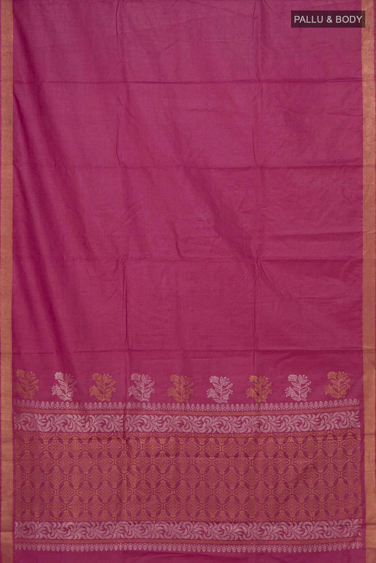 Flat view of Pink Tussar Saree with Plain Body and Zari Border. 
