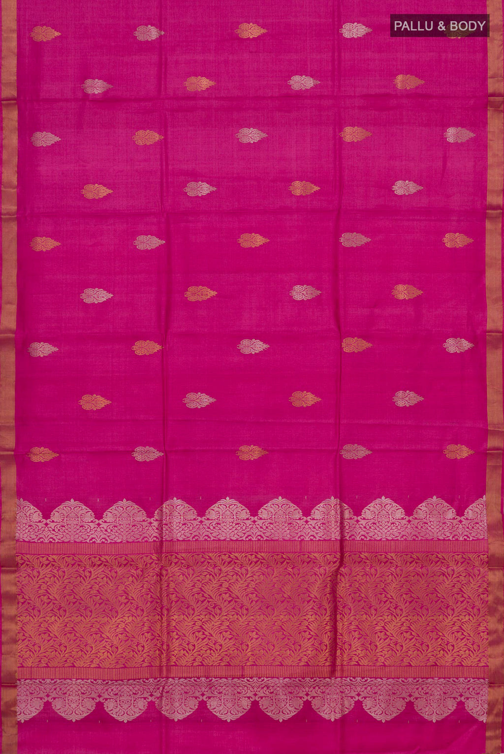 Flat view of Rani Pink Tussar Silk Saree with Zari Butta on the body and Zari Border. 