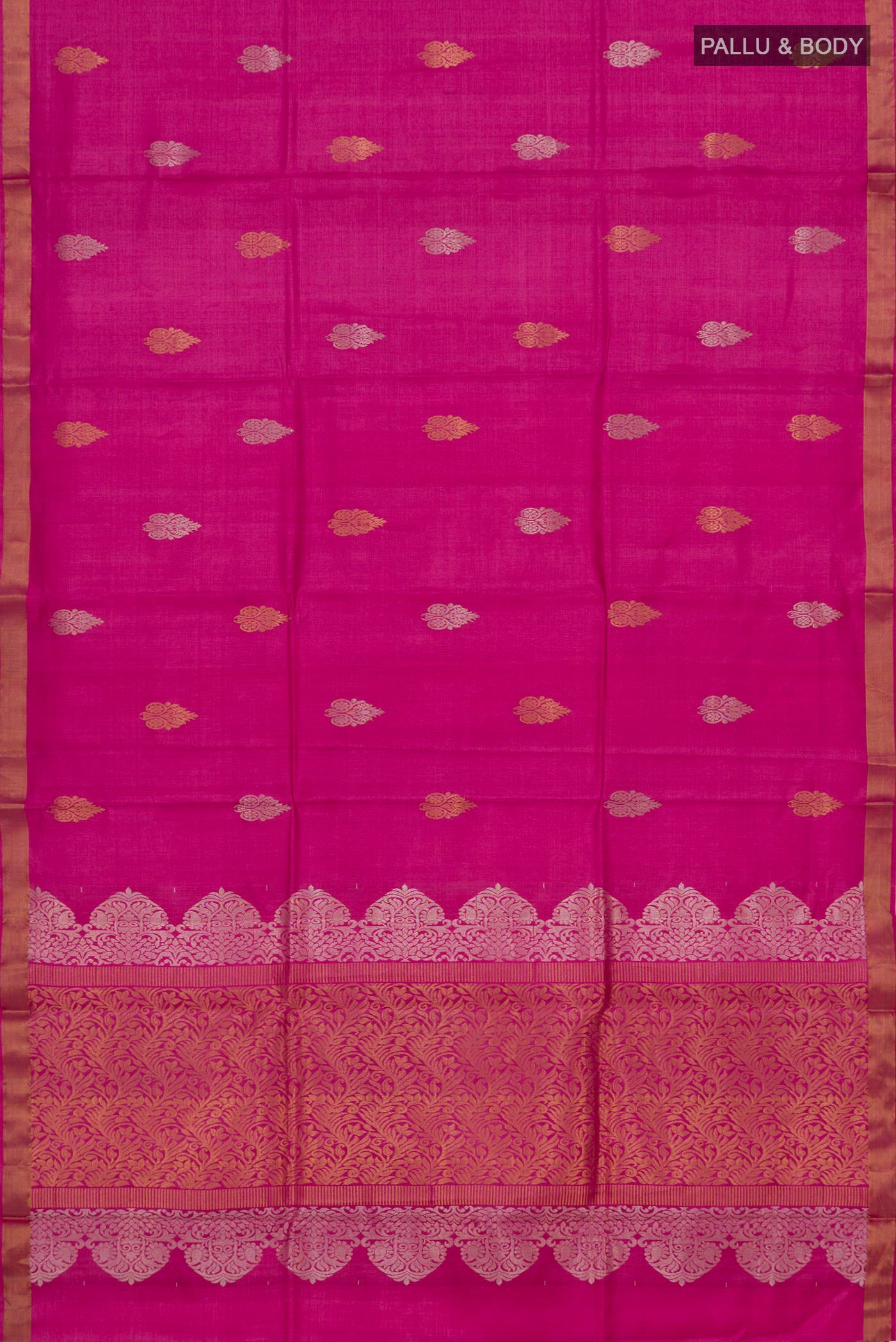 Flat view of Rani Pink Tussar Silk Saree with Zari Butta on the body and Zari Border. 