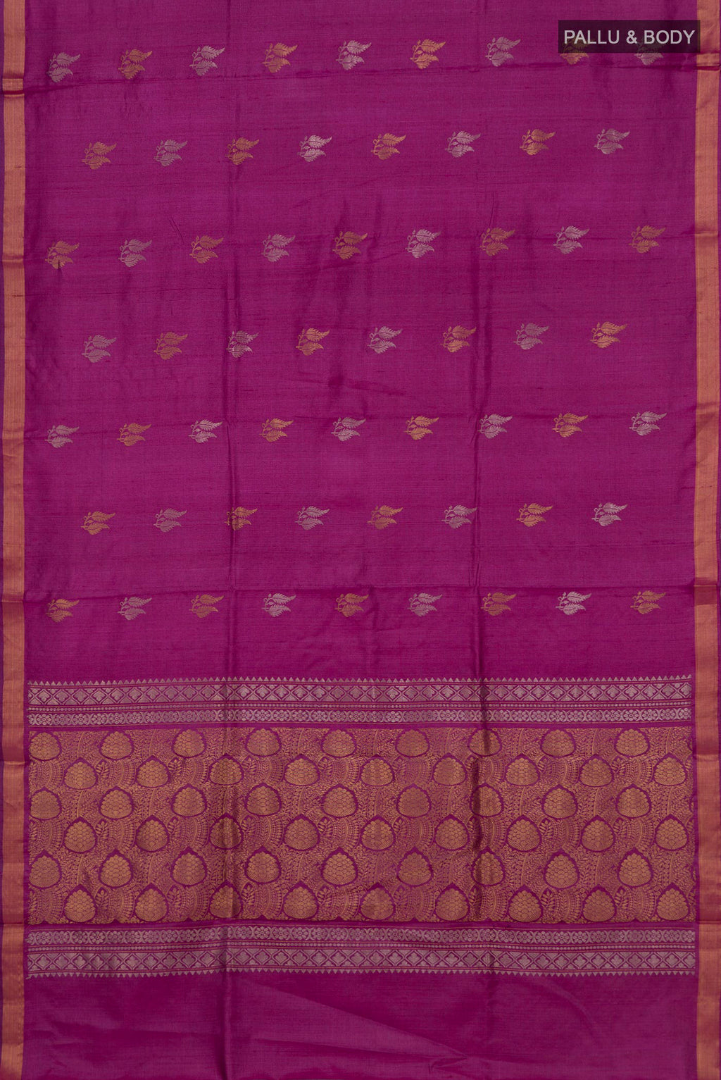 Flat view of Pure Silk Magenta Tussar Saree with Zari Butta on the body and Zari Border. 