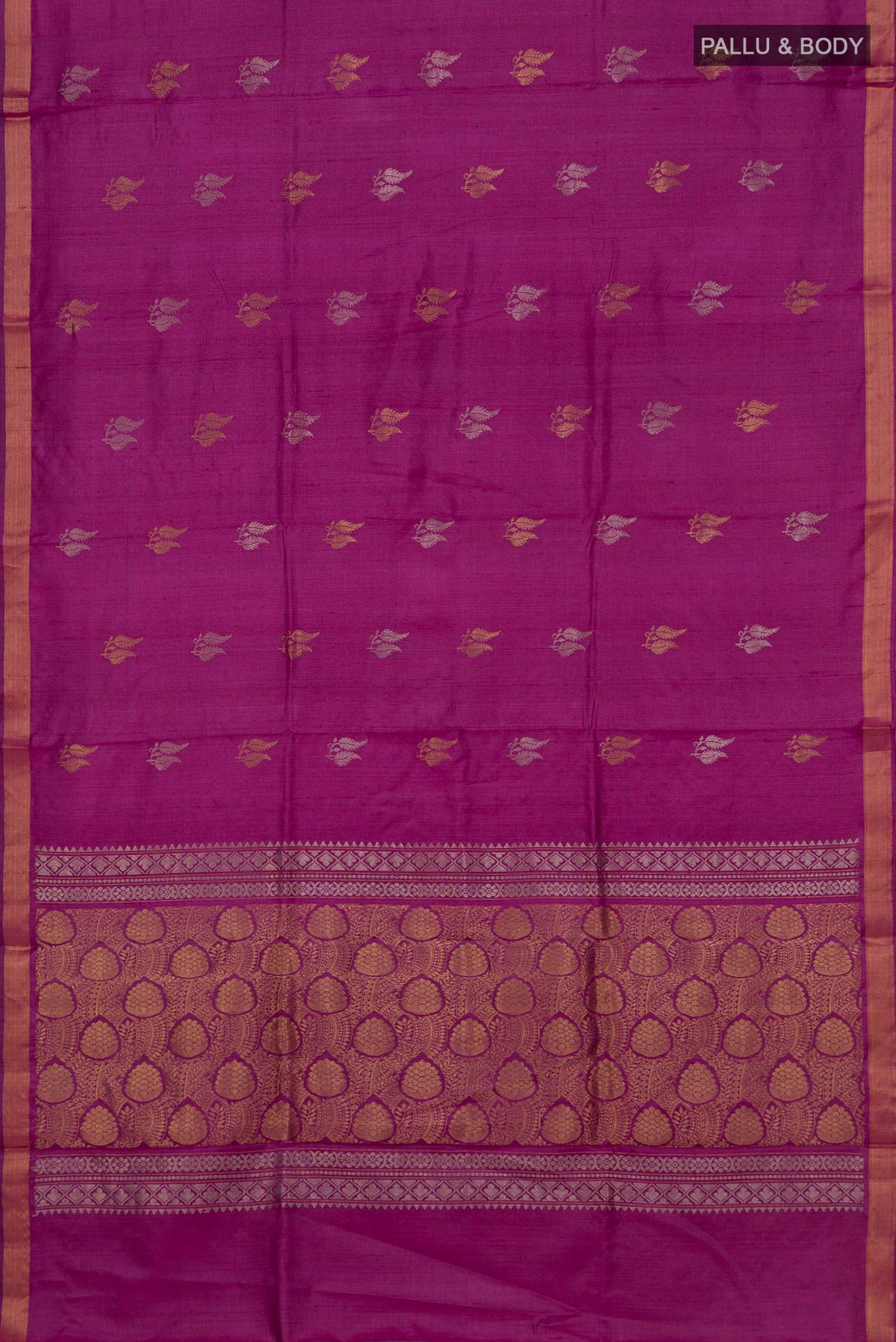 Flat view of Pure Silk Magenta Tussar Saree with Zari Butta on the body and Zari Border. 