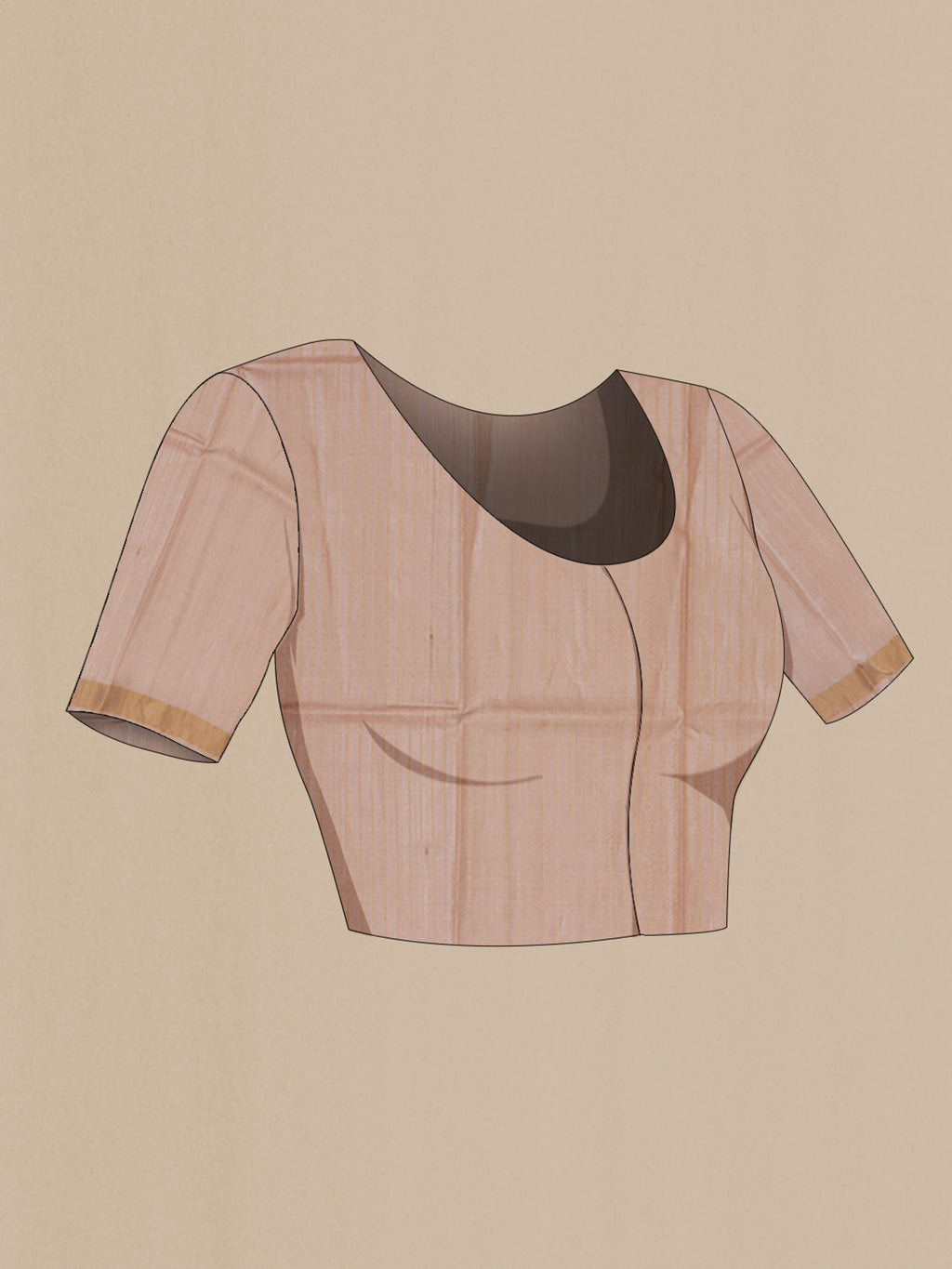 Close up image of the blouse of Beige Tussar Silk Saree with Zari Butta on the body and Zari Border. 