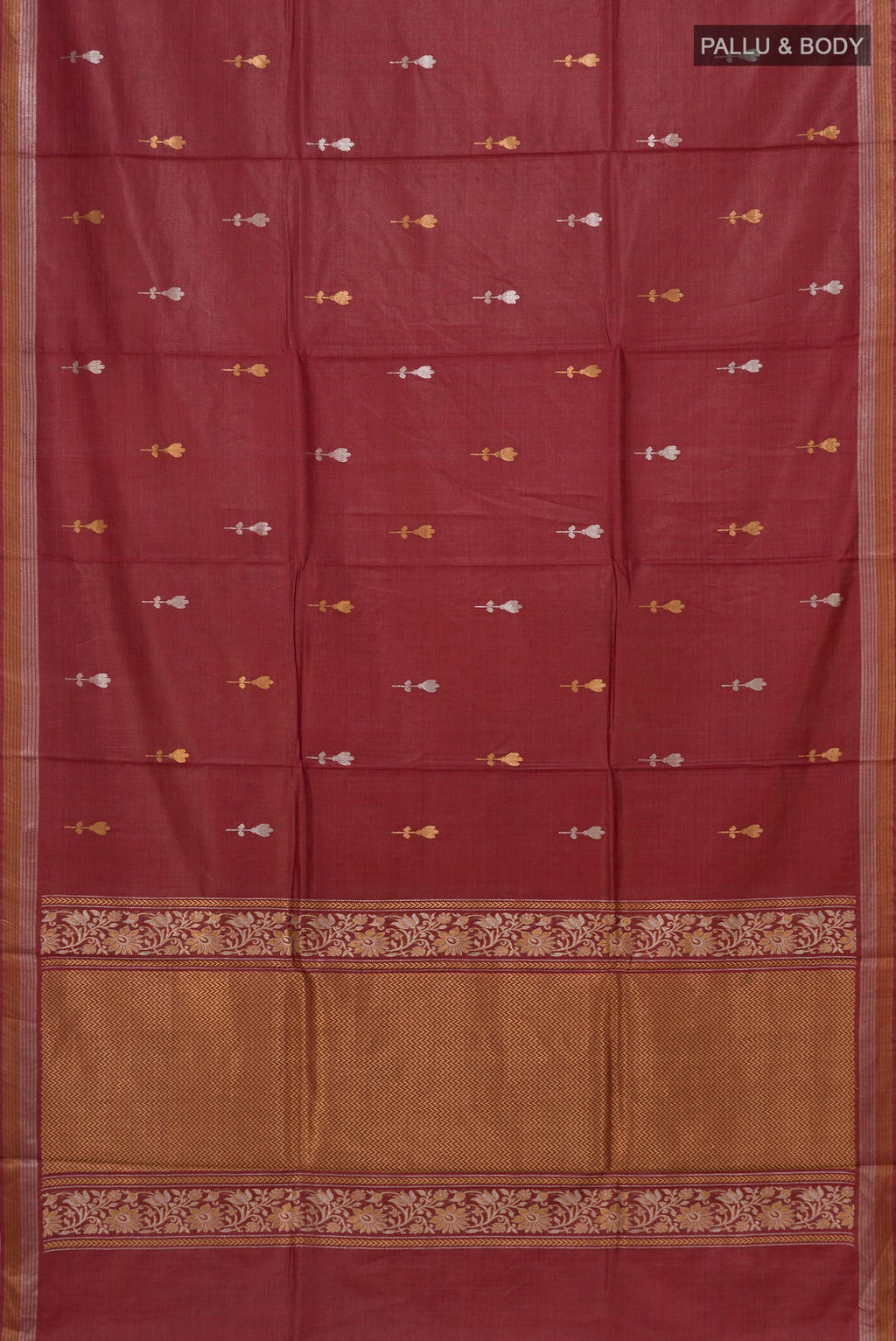 Flat view of Brown Tussar Silk Saree with Zari Butta on the body and Zari Border. 