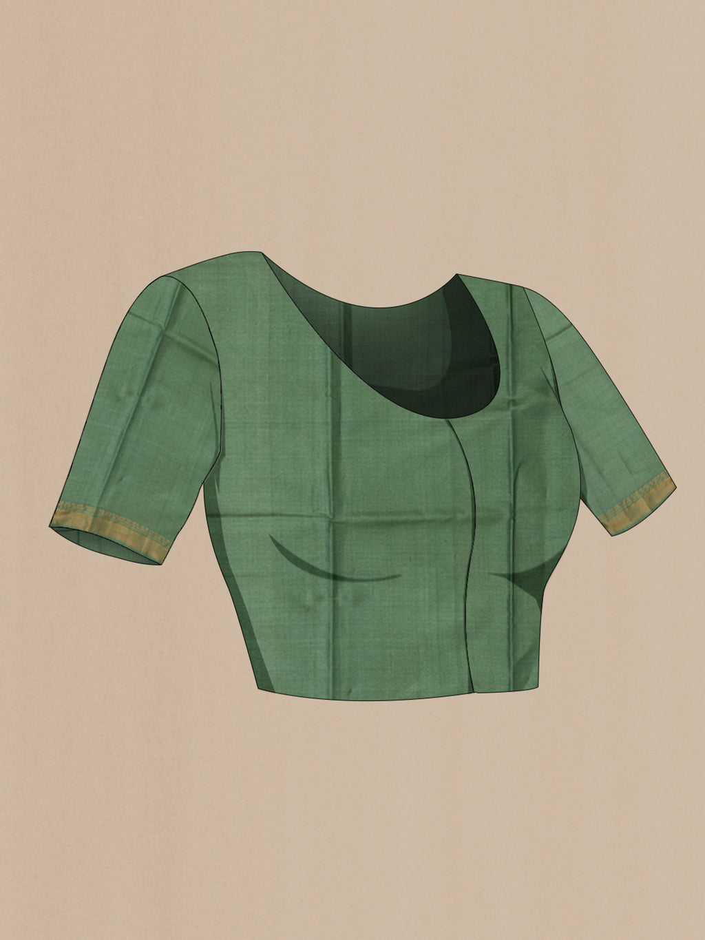 Close up image of the blouse of Sage Green Tussar Silk Saree with Zari Butta on the body and Zari Border. 