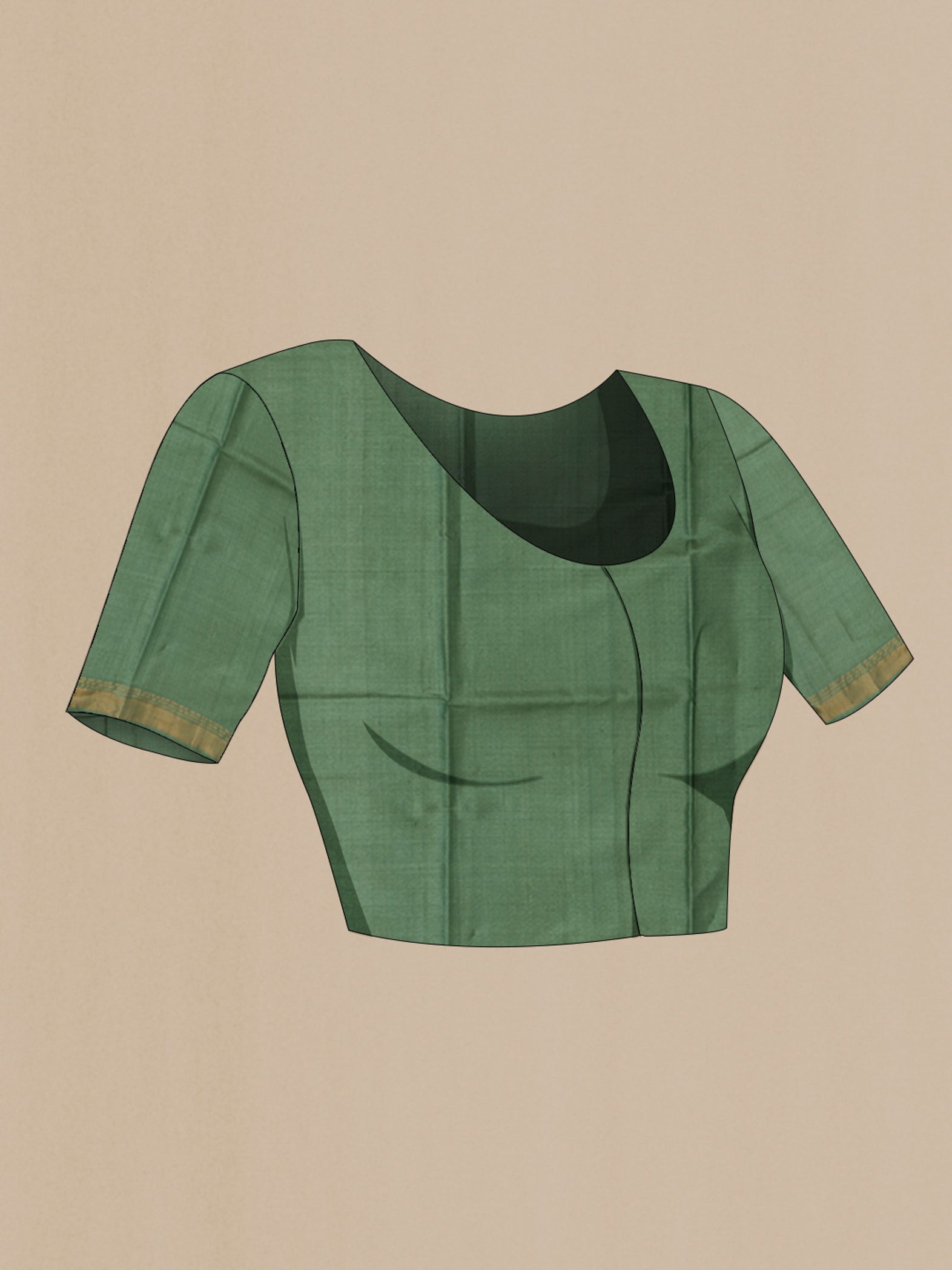 Close up image of the blouse of Sage Green Tussar Silk Saree with Zari Butta on the body and Zari Border. 