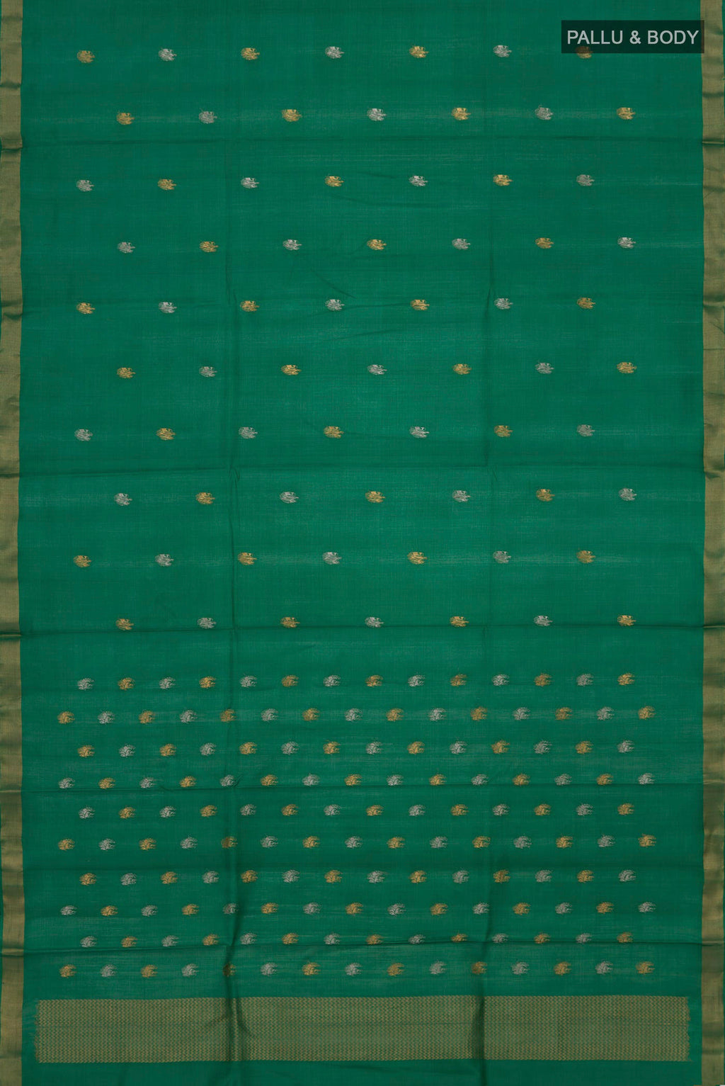 Flat view of Green Tussar Silk Saree with Zari Butta on the body and Zari Border. 