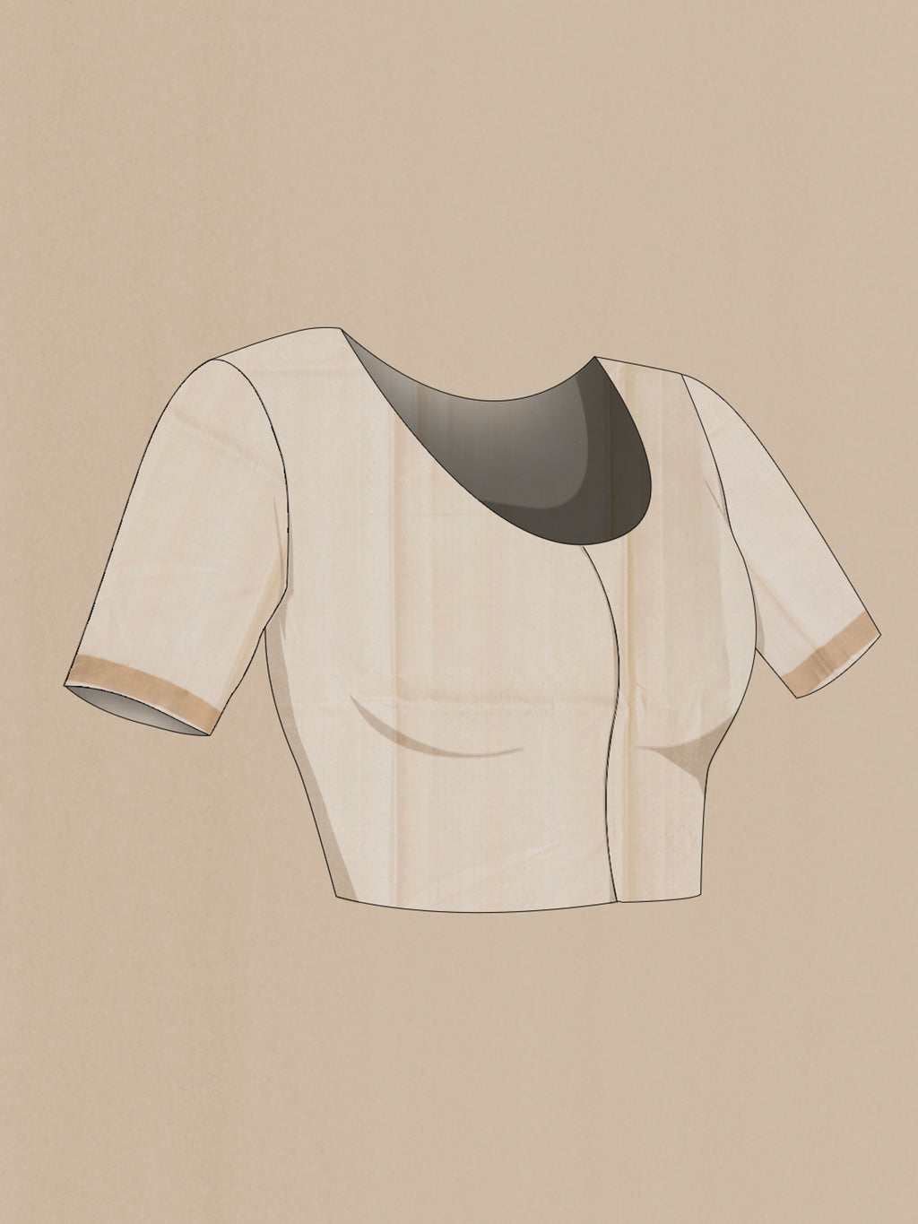 Close up image of the blouse of Cream Tussar Silk Saree with Zari Butta on the body and Zari Border. 