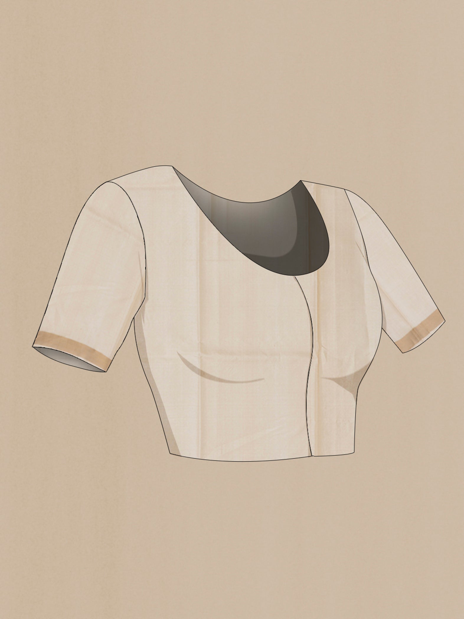 Close up image of the blouse of Cream Tussar Silk Saree with Zari Butta on the body and Zari Border. 