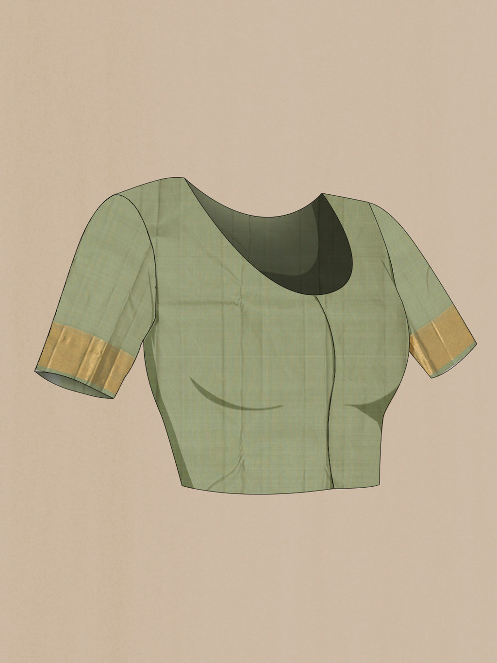 Close up image of the blouse of Sage Green Kanchipuram Silk Saree with Zari Brocade on the body and Zari Border. 