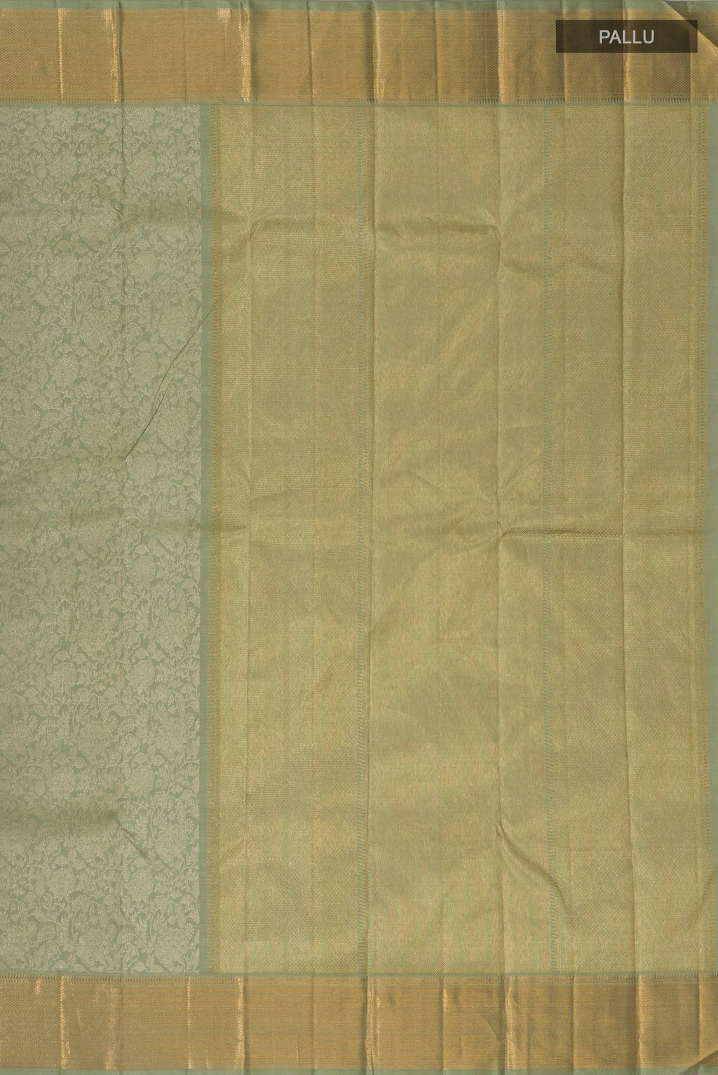 Close up image of the pallu of Sage Green Kanchipuram Silk Saree with Zari Brocade on the body and Zari Border. 
