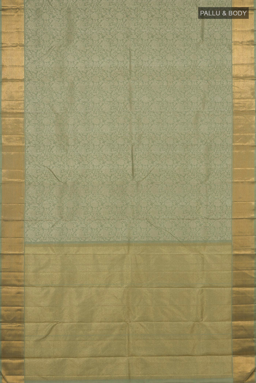 Flat view of Sage Green Kanchipuram Silk Saree with Zari Brocade on the body and Zari Border. 