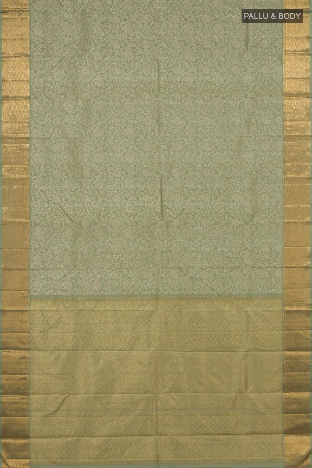 Flat view of Sage Green Kanchipuram Silk Saree with Zari Brocade on the body and Zari Border. 